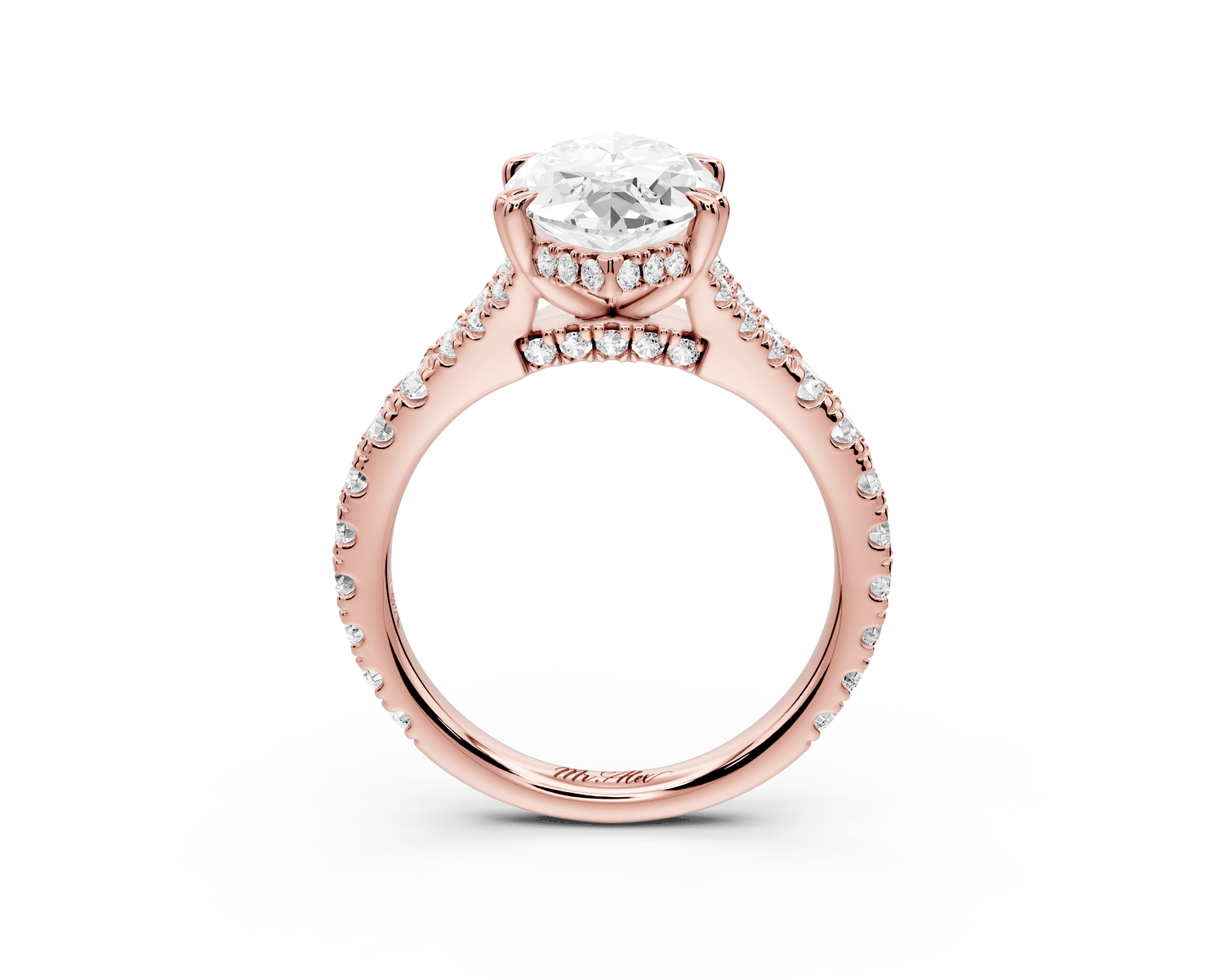 Rosalie - 3ct 18k rose gold marquise Pavé Cathedral Hidden Halo with Diamond Bridge split shank Engagement Ring - Mr. Alex Jewelry