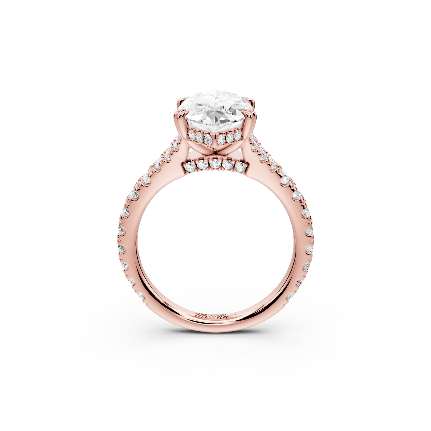 Rosalie - 3ct 18k rose gold marquise Pavé Cathedral Hidden Halo with Diamond Bridge split shank Engagement Ring - Mr. Alex Jewelry
