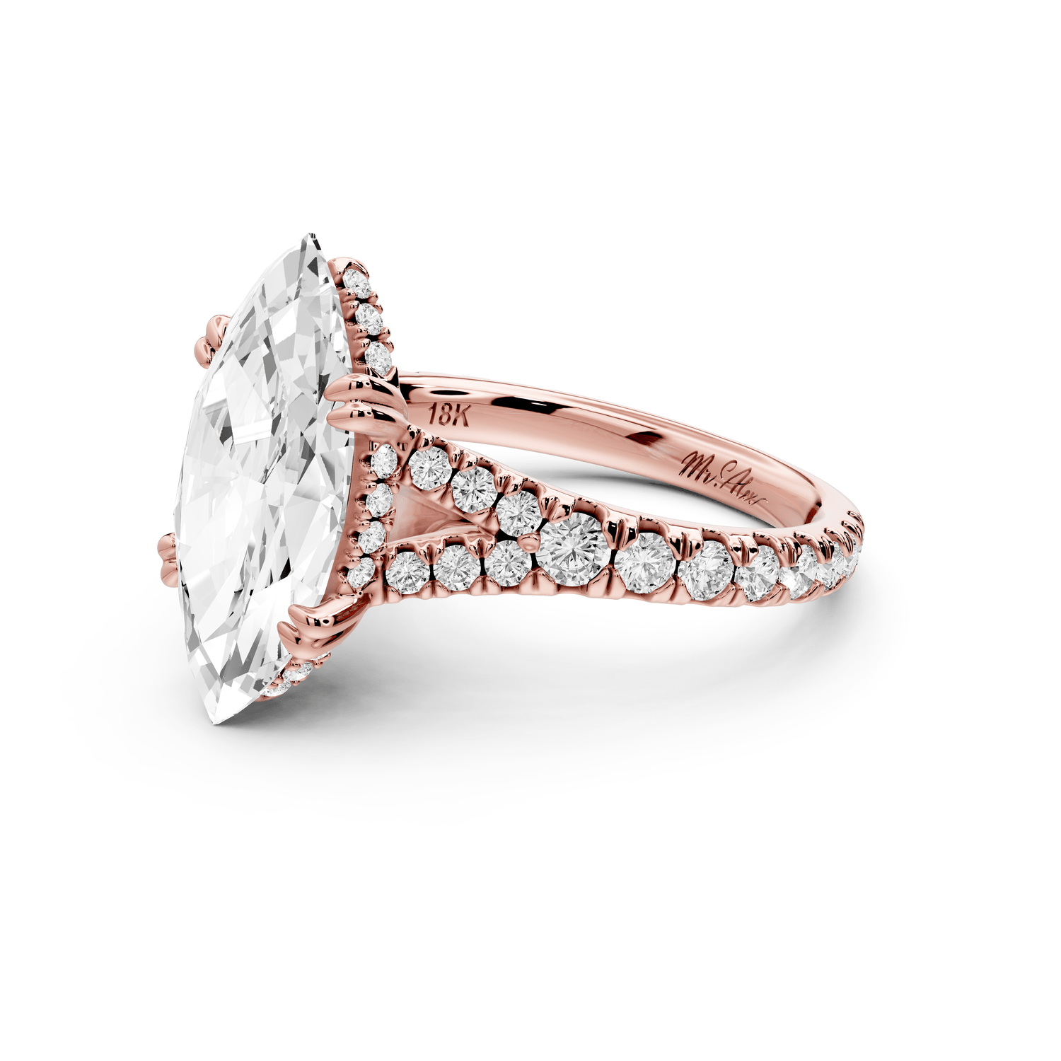 Rosalie - 3ct 18k rose gold marquise Pavé Cathedral Hidden Halo with Diamond Bridge split shank Engagement Ring - Mr. Alex Jewelry