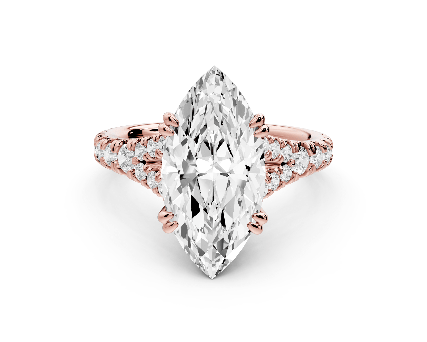 Rosalie - 3ct 18k rose gold marquise Pavé Cathedral Hidden Halo with Diamond Bridge split shank Engagement Ring - Mr. Alex Jewelry