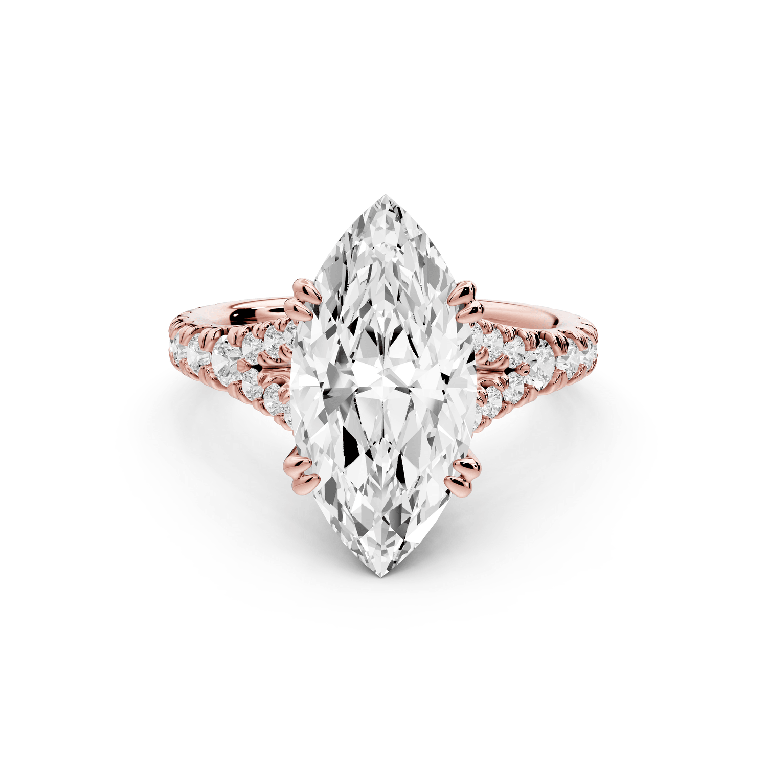 Rosalie - 3ct 18k rose gold marquise Pavé Cathedral Hidden Halo with Diamond Bridge split shank Engagement Ring - Mr. Alex Jewelry