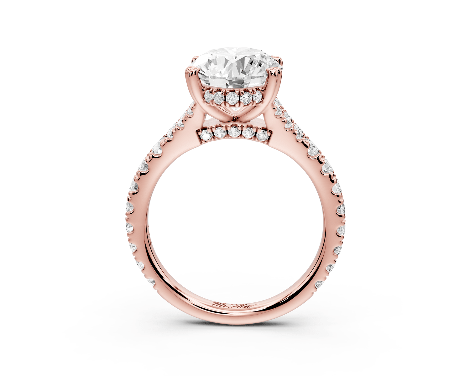 Rosalie - 3ct 18k rose gold oval Pavé Cathedral Hidden Halo with Diamond Bridge split shank Engagement Ring - Mr. Alex Jewelry