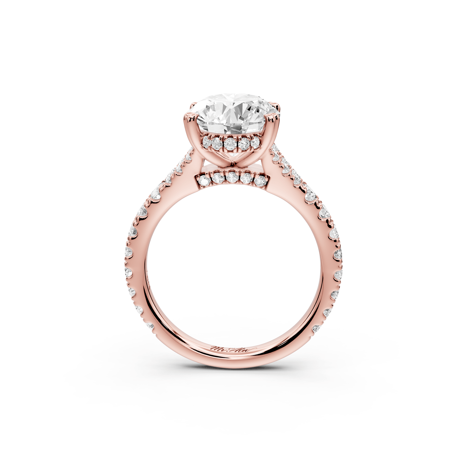 Rosalie - 3ct 18k rose gold oval Pavé Cathedral Hidden Halo with Diamond Bridge split shank Engagement Ring - Mr. Alex Jewelry