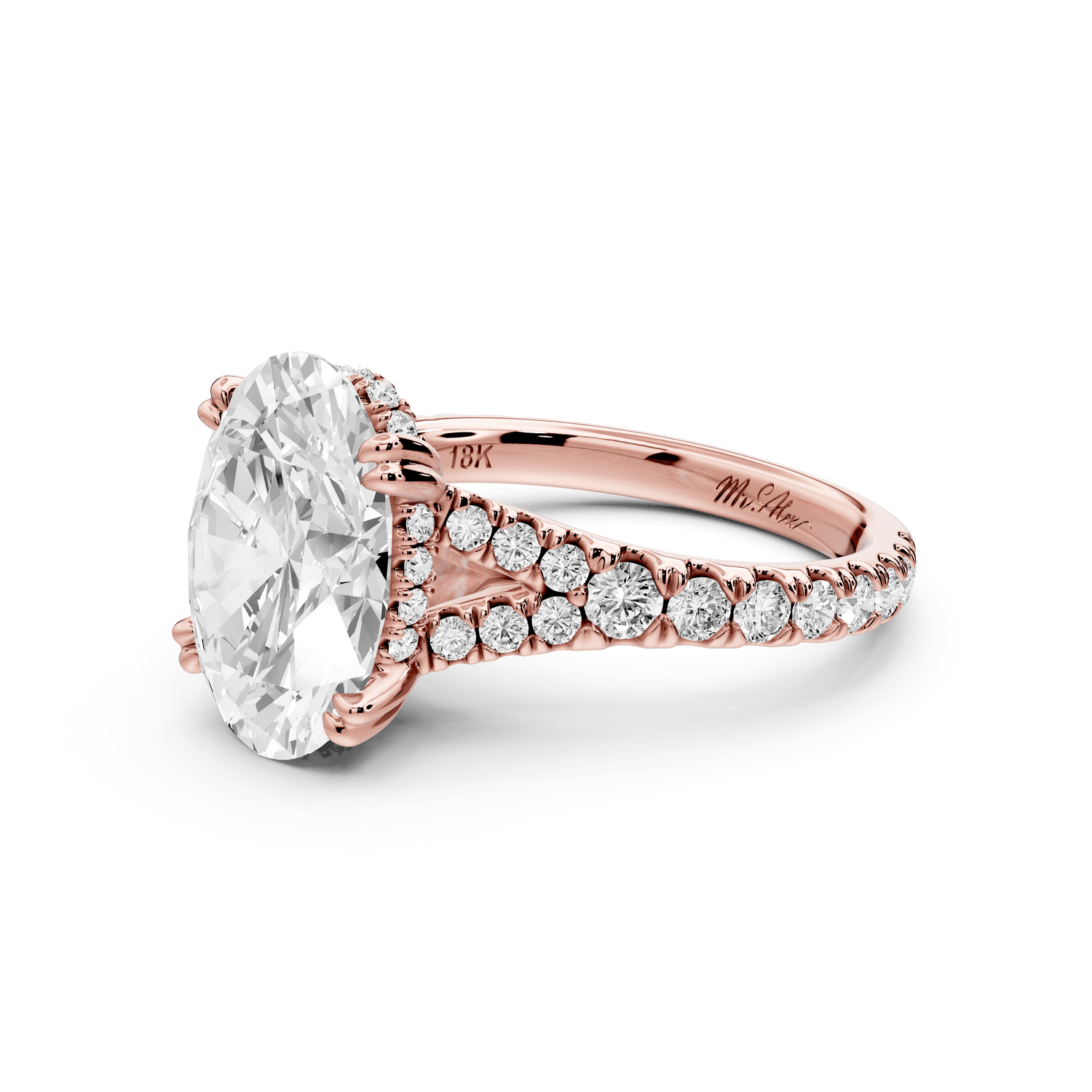 Rosalie - 3ct 18k rose gold oval Pavé Cathedral Hidden Halo with Diamond Bridge split shank Engagement Ring - Mr. Alex Jewelry