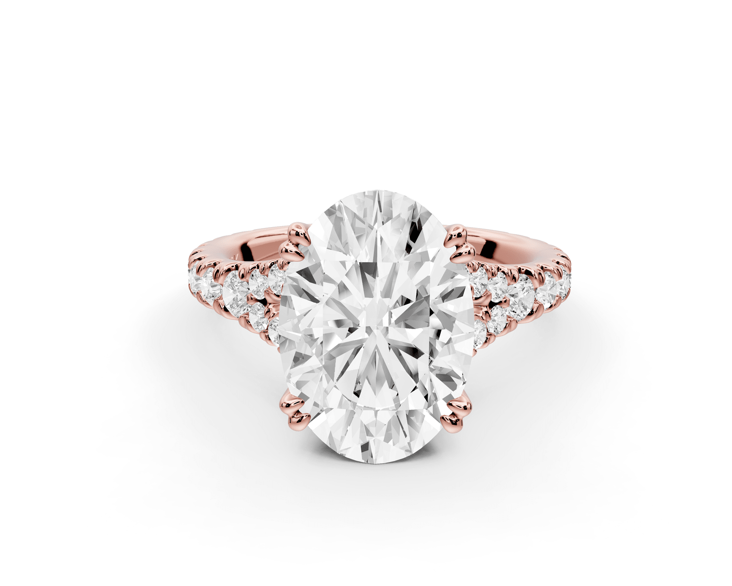Rosalie - 3ct 18k rose gold oval Pavé Cathedral Hidden Halo with Diamond Bridge split shank Engagement Ring - Mr. Alex Jewelry