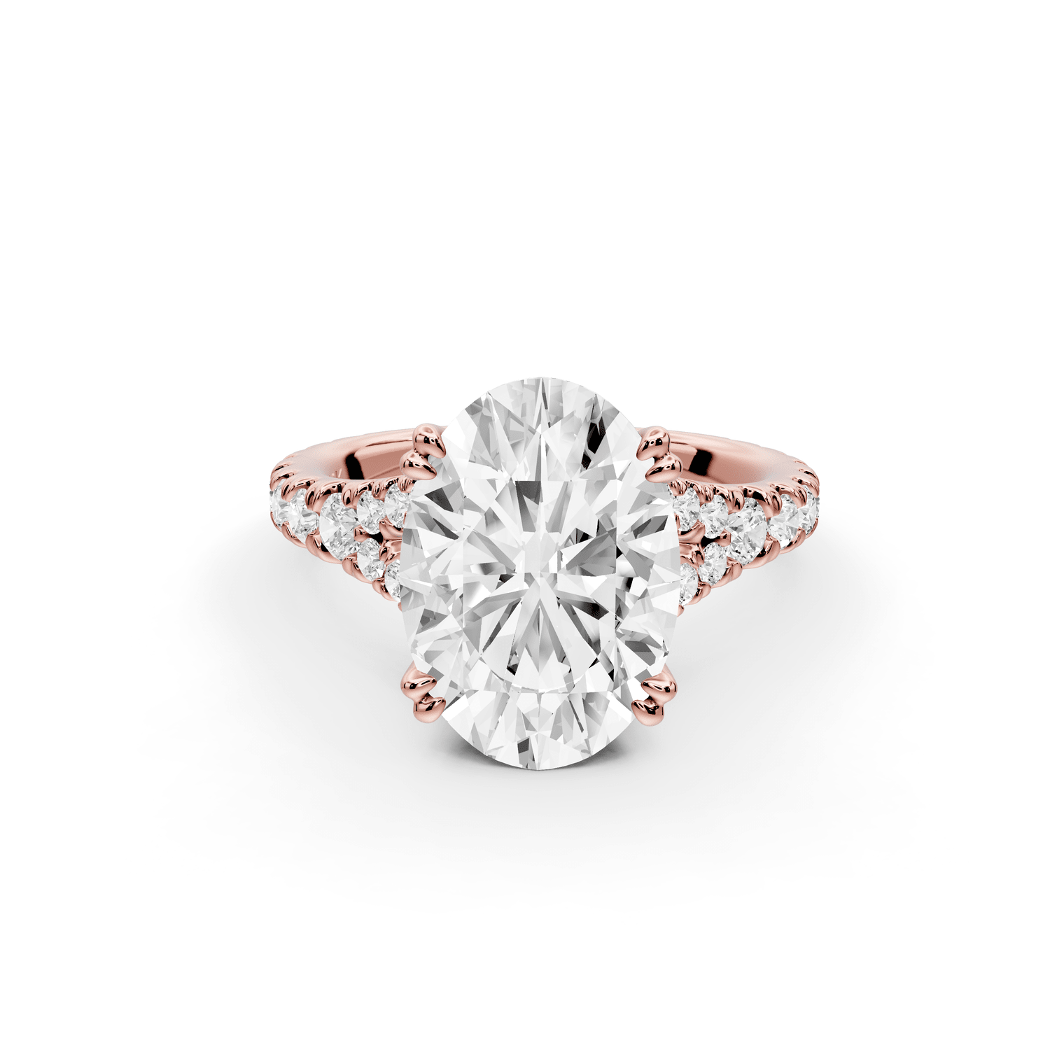 Rosalie - 3ct 18k rose gold oval Pavé Cathedral Hidden Halo with Diamond Bridge split shank Engagement Ring - Mr. Alex Jewelry