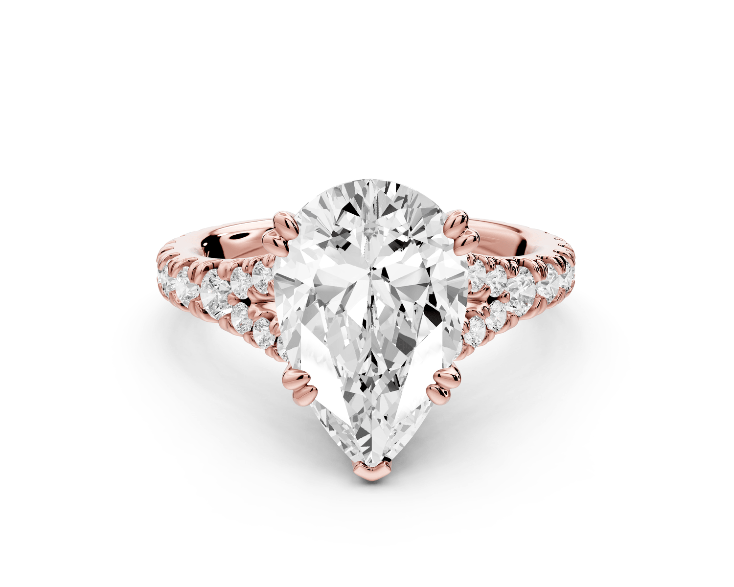 Rosalie - 3ct 18k rose gold pear Pavé Cathedral Hidden Halo with Diamond Bridge split shank Engagement Ring - Mr. Alex Jewelry