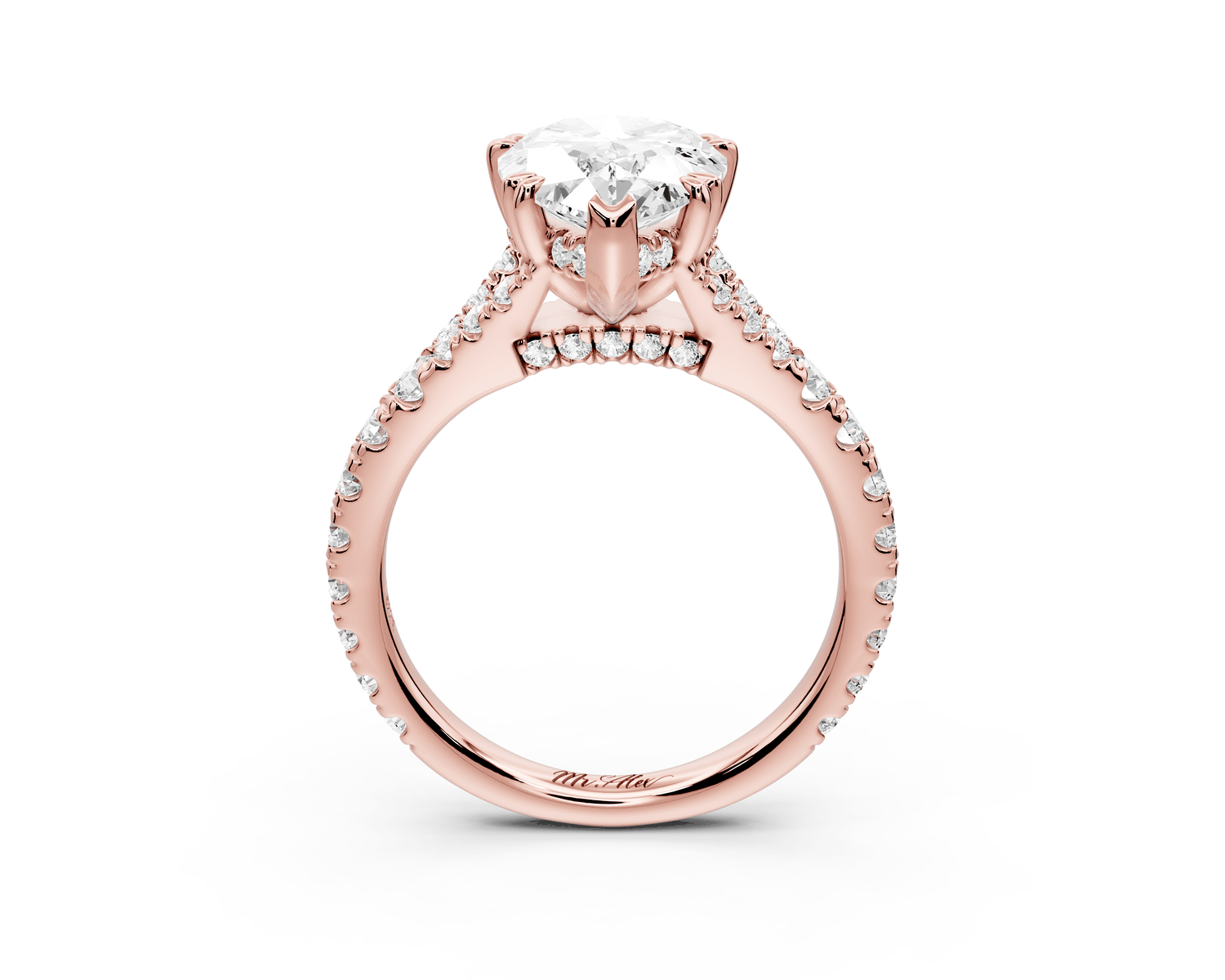 Rosalie - 3ct 18k rose gold pear Pavé Cathedral Hidden Halo with Diamond Bridge split shank Engagement Ring - Mr. Alex Jewelry
