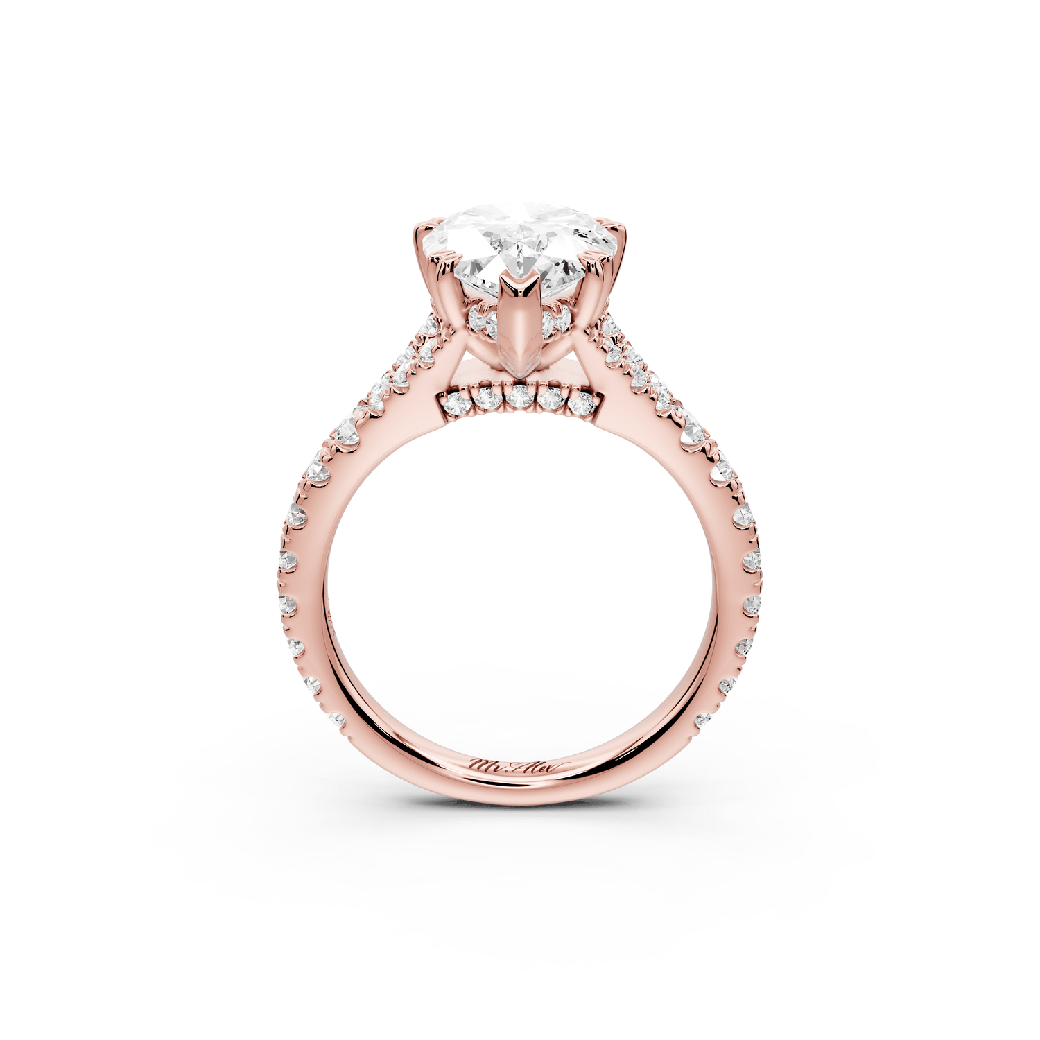 Rosalie - 3ct 18k rose gold pear Pavé Cathedral Hidden Halo with Diamond Bridge split shank Engagement Ring - Mr. Alex Jewelry