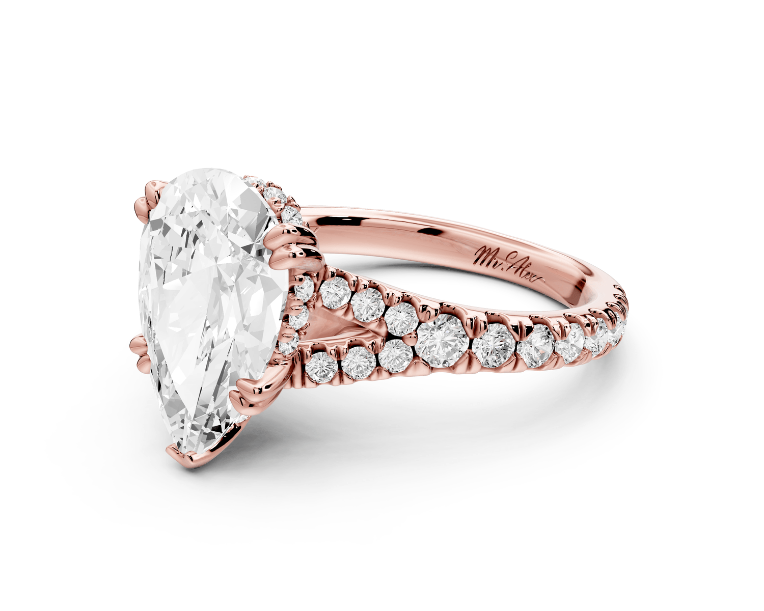 Rosalie - 3ct 18k rose gold pear Pavé Cathedral Hidden Halo with Diamond Bridge split shank Engagement Ring - Mr. Alex Jewelry