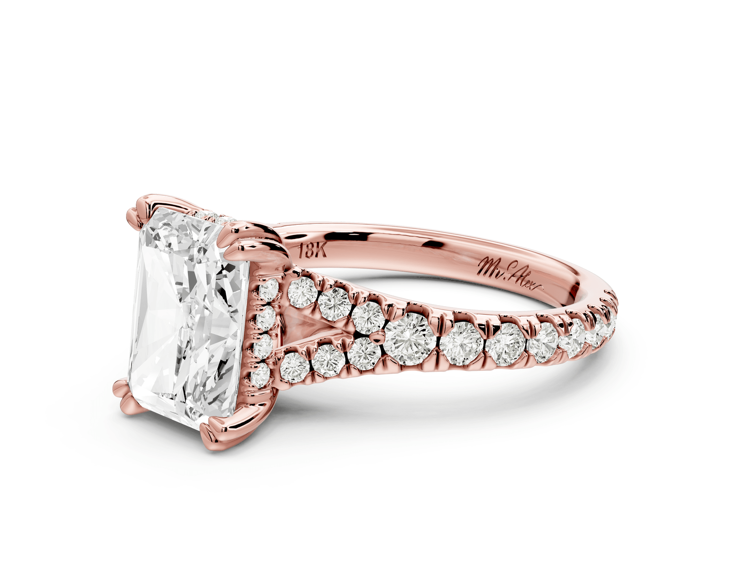 Rosalie - 3ct 18k rose gold radiant Pavé Cathedral Hidden Halo with Diamond Bridge split shank Engagement Ring - Mr. Alex Jewelry