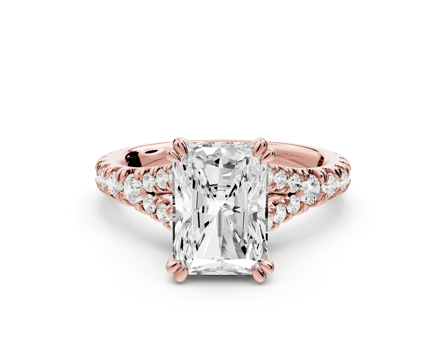 Rosalie - 3ct 18k rose gold radiant Pavé Cathedral Hidden Halo with Diamond Bridge split shank Engagement Ring - Mr. Alex Jewelry