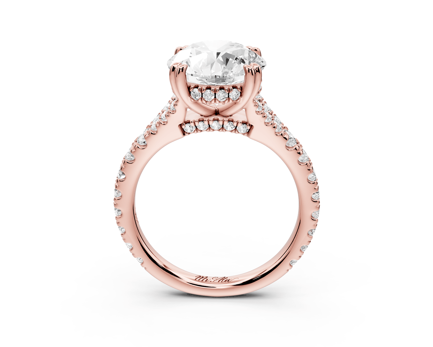 Rosalie - 3ct 18k rose gold round Pavé Cathedral Hidden Halo with Diamond Bridge split shank Engagement Ring - Mr. Alex Jewelry