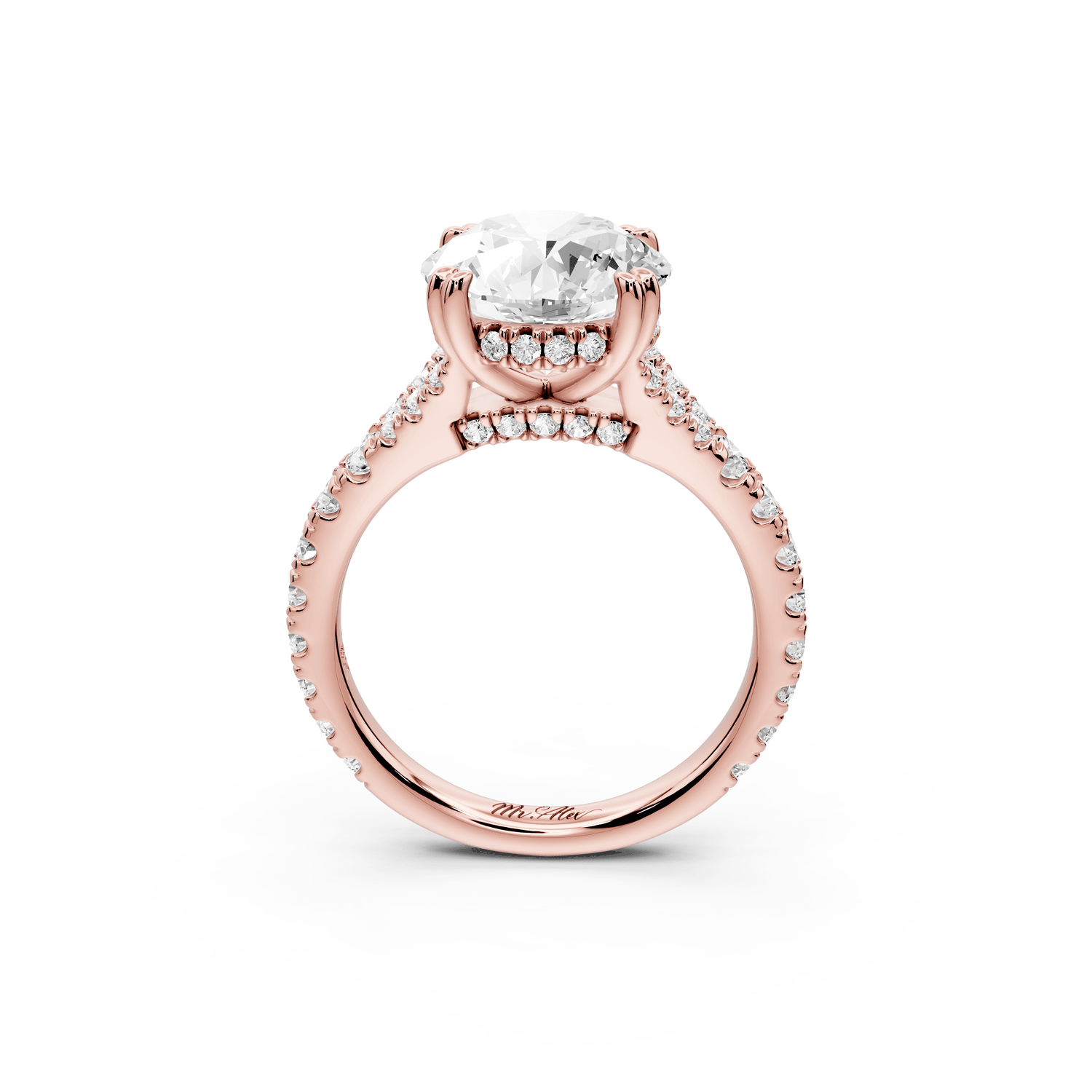 Rosalie - 3ct 18k rose gold round Pavé Cathedral Hidden Halo with Diamond Bridge split shank Engagement Ring - Mr. Alex Jewelry
