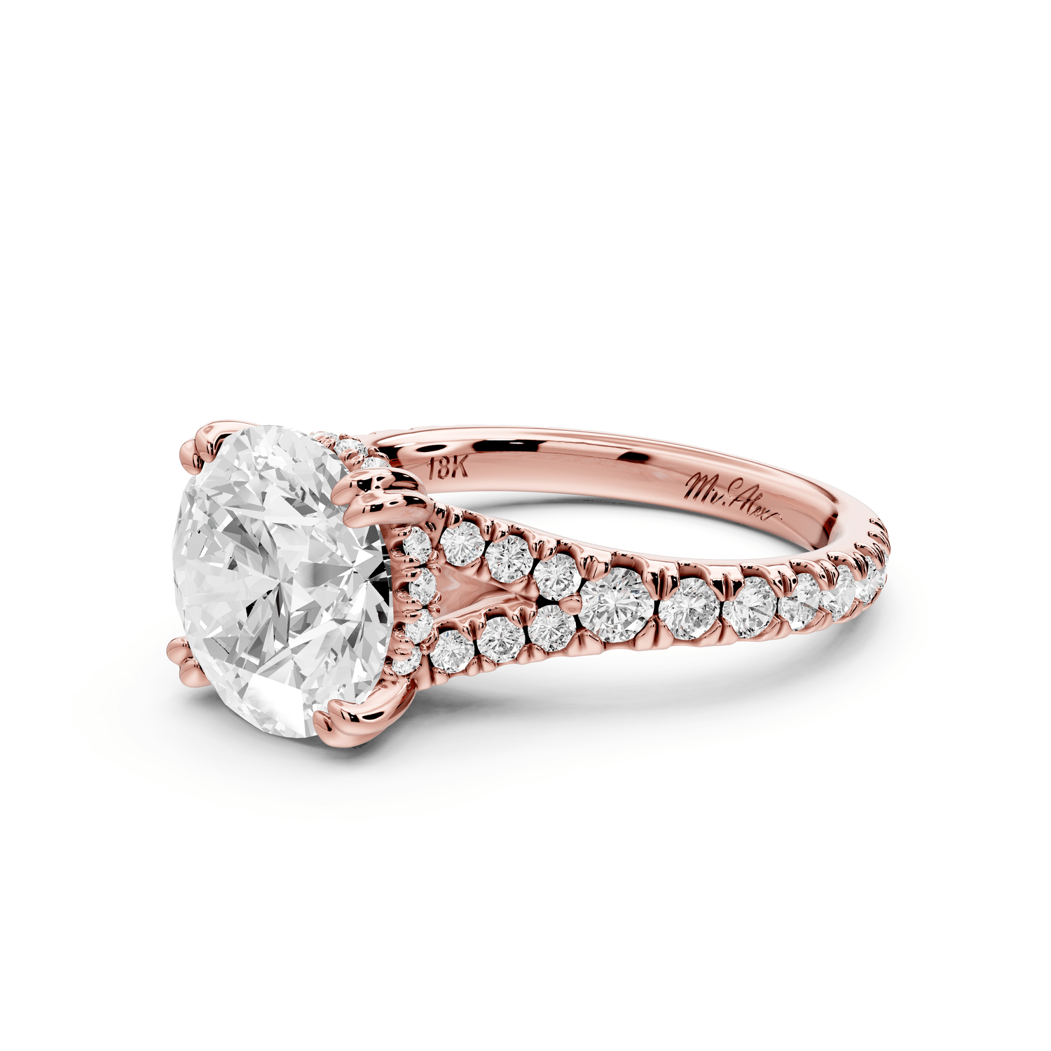 Rosalie - 3ct 18k rose gold round Pavé Cathedral Hidden Halo with Diamond Bridge split shank Engagement Ring - Mr. Alex Jewelry
