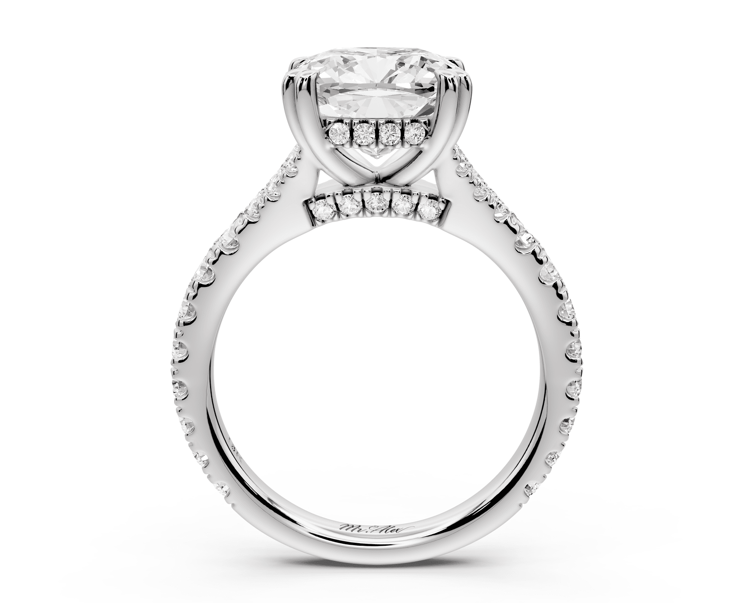 Rosalie - 3ct 18k white gold cushion Pavé Cathedral Hidden Halo with Diamond Bridge split shank Engagement Ring - Mr. Alex Jewelry