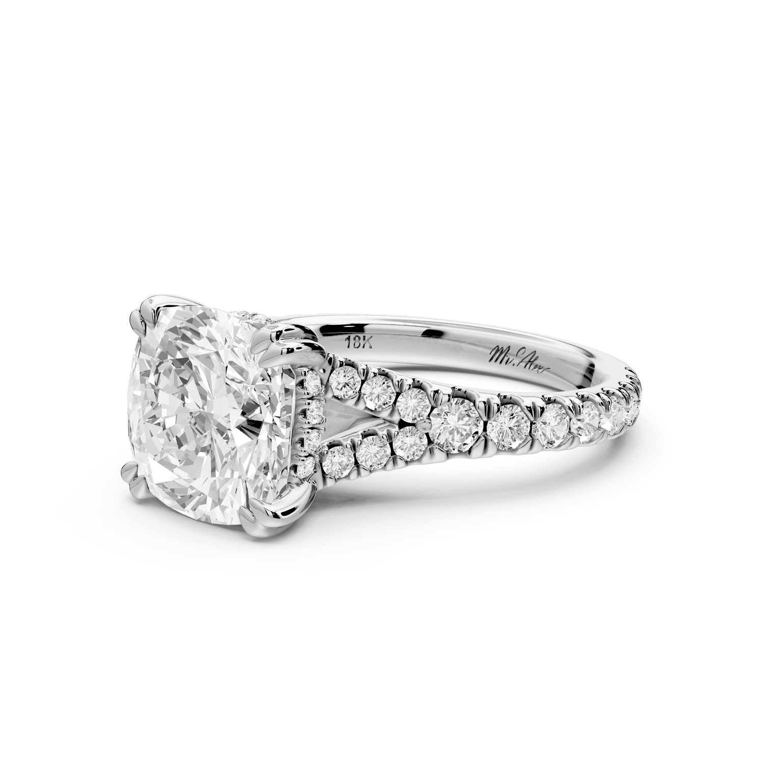 Rosalie - 3ct 18k white gold cushion Pavé Cathedral Hidden Halo with Diamond Bridge split shank Engagement Ring - Mr. Alex Jewelry