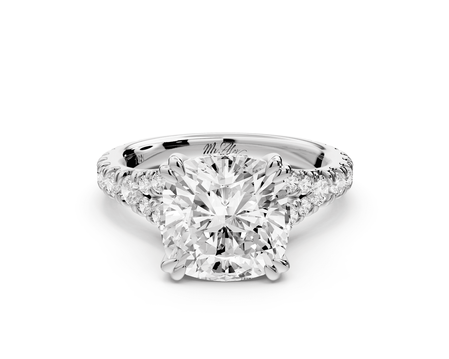 Rosalie - 3ct 18k white gold cushion Pavé Cathedral Hidden Halo with Diamond Bridge split shank Engagement Ring - Mr. Alex Jewelry