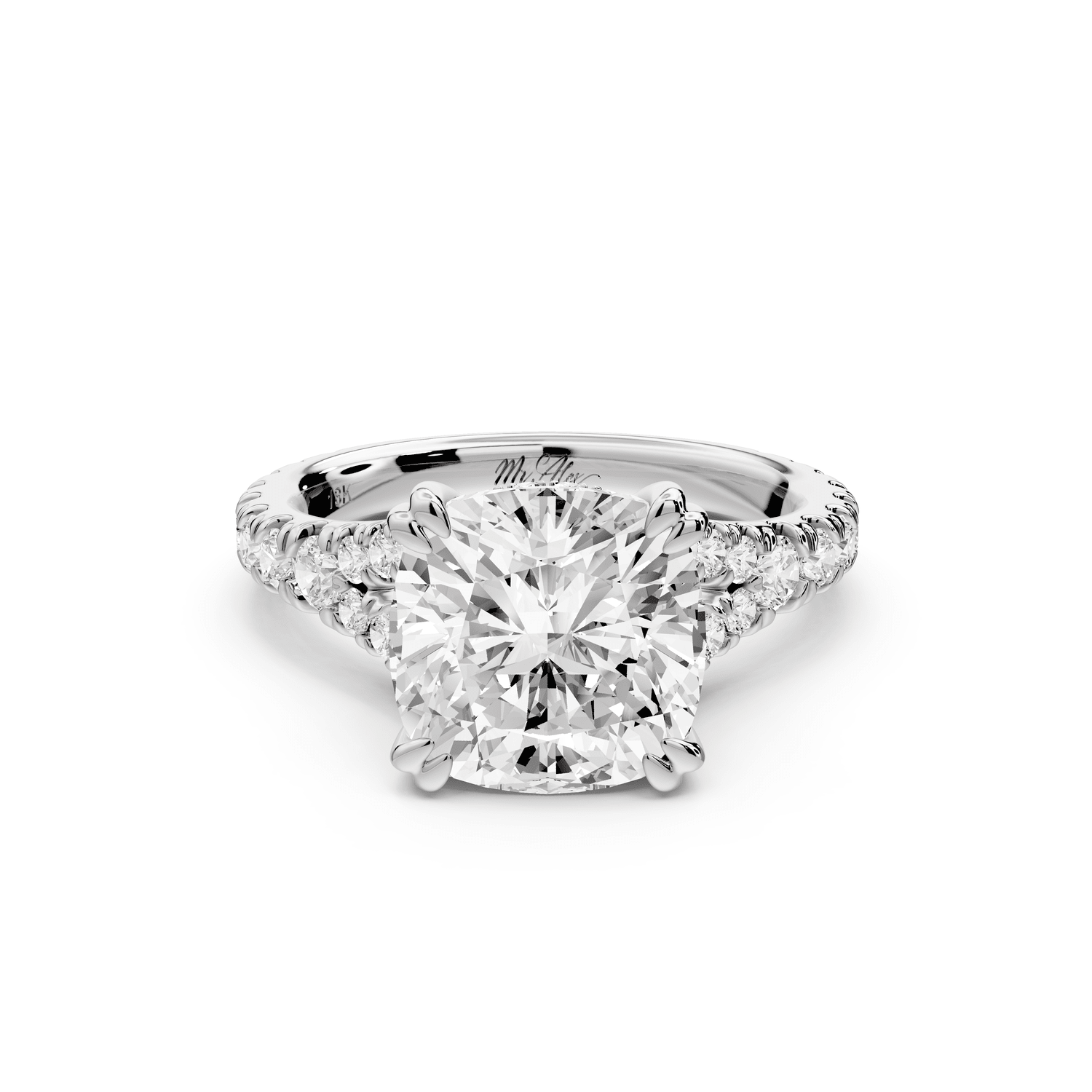 Rosalie - 3ct 18k white gold cushion Pavé Cathedral Hidden Halo with Diamond Bridge split shank Engagement Ring - Mr. Alex Jewelry