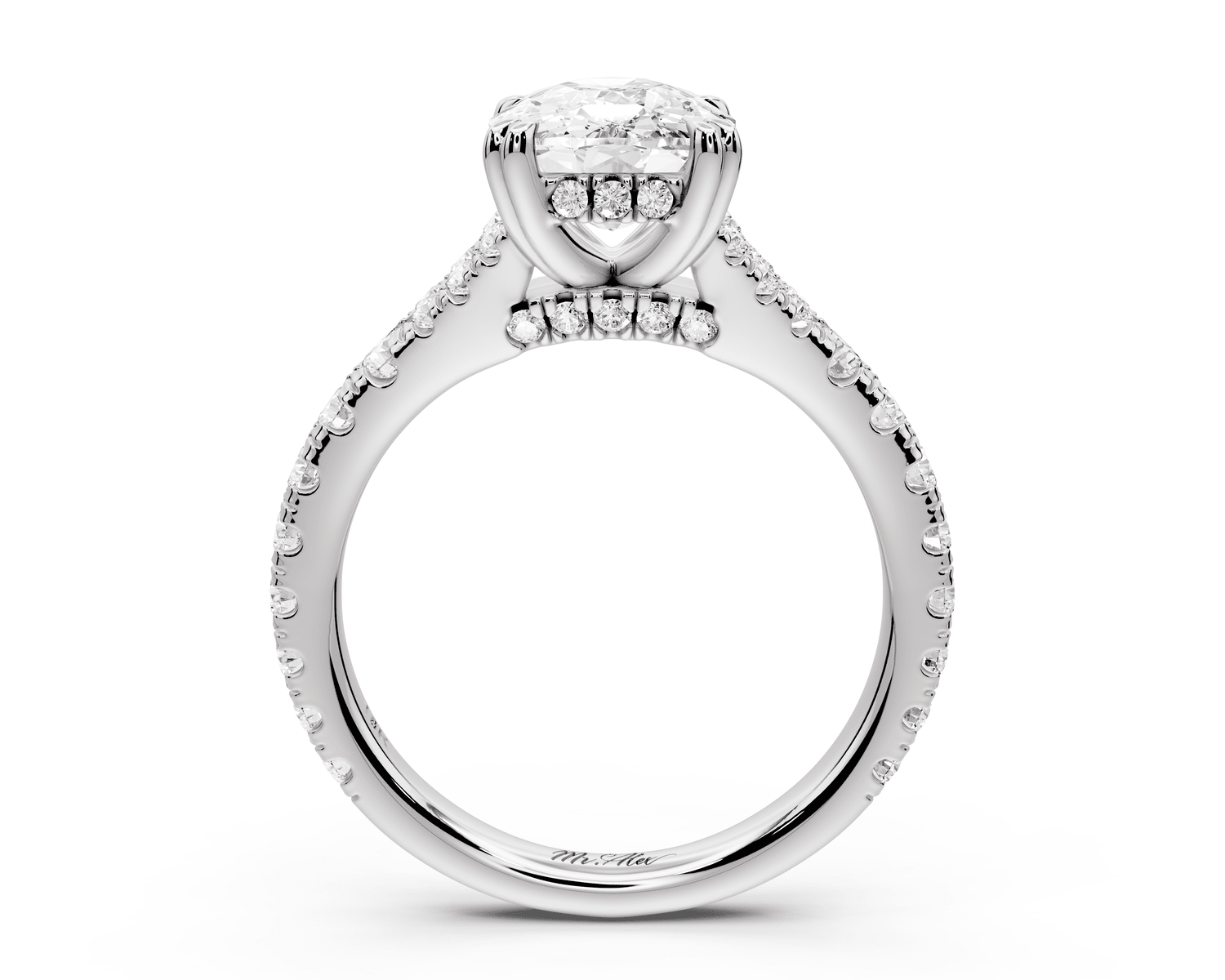 Rosalie - 3ct 18k white gold ecushion Pavé Cathedral Hidden Halo with Diamond Bridge split shank Engagement Ring - Mr. Alex Jewelry