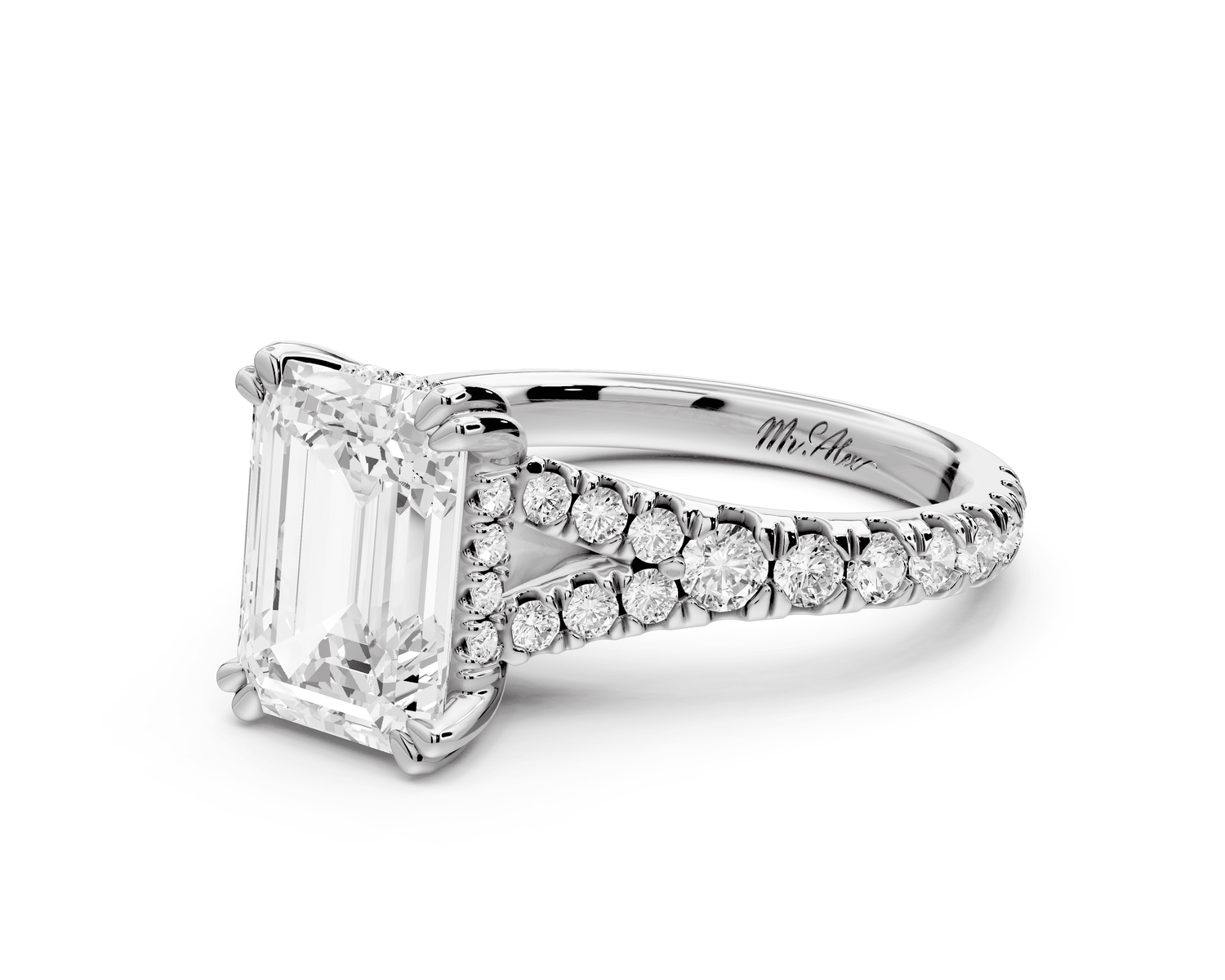 Rosalie - 3ct 18k white gold emerald Pavé Cathedral Hidden Halo with Diamond Bridge split shank Engagement Ring - Mr. Alex Jewelry