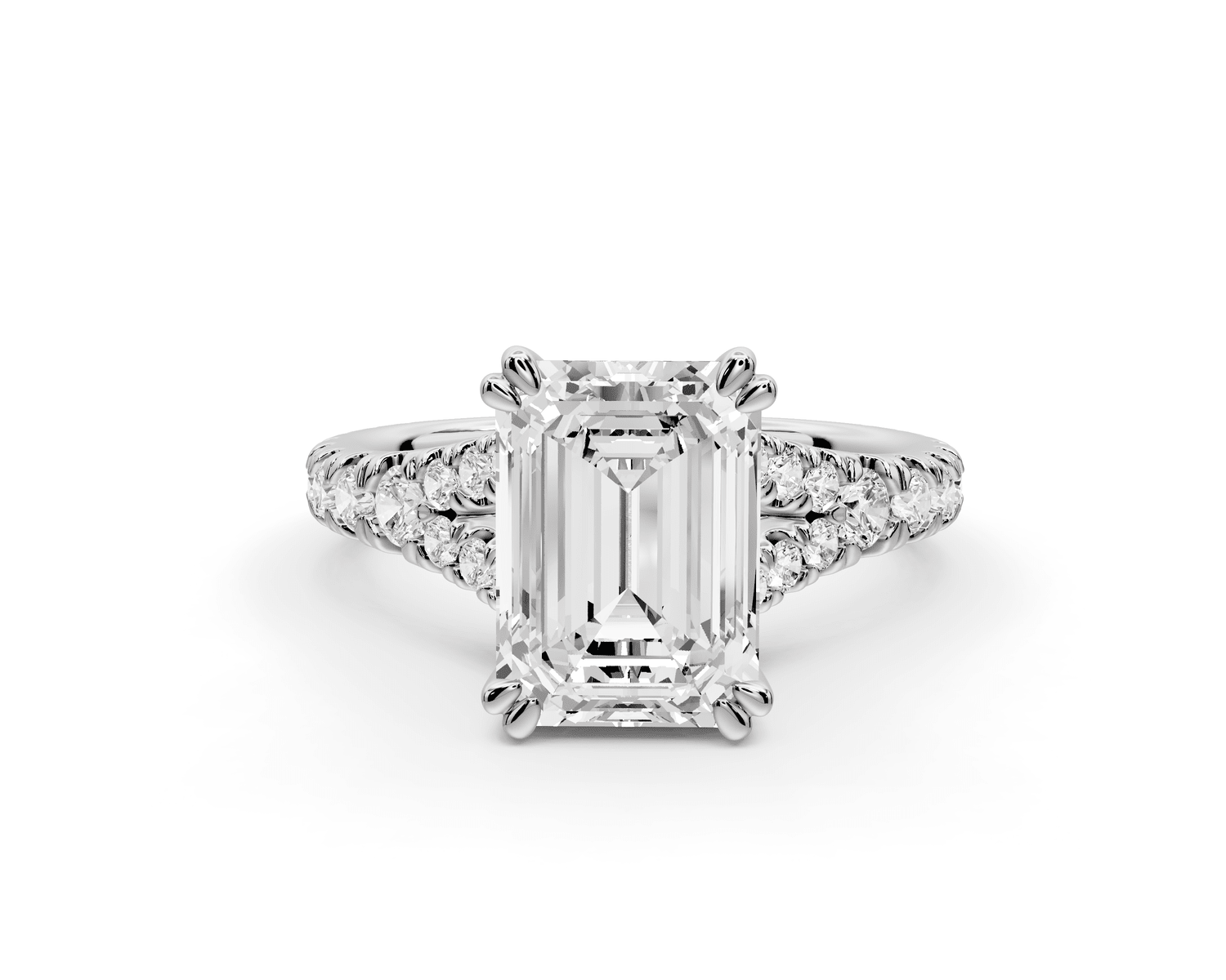 Rosalie - 3ct 18k white gold emerald Pavé Cathedral Hidden Halo with Diamond Bridge split shank Engagement Ring - Mr. Alex Jewelry