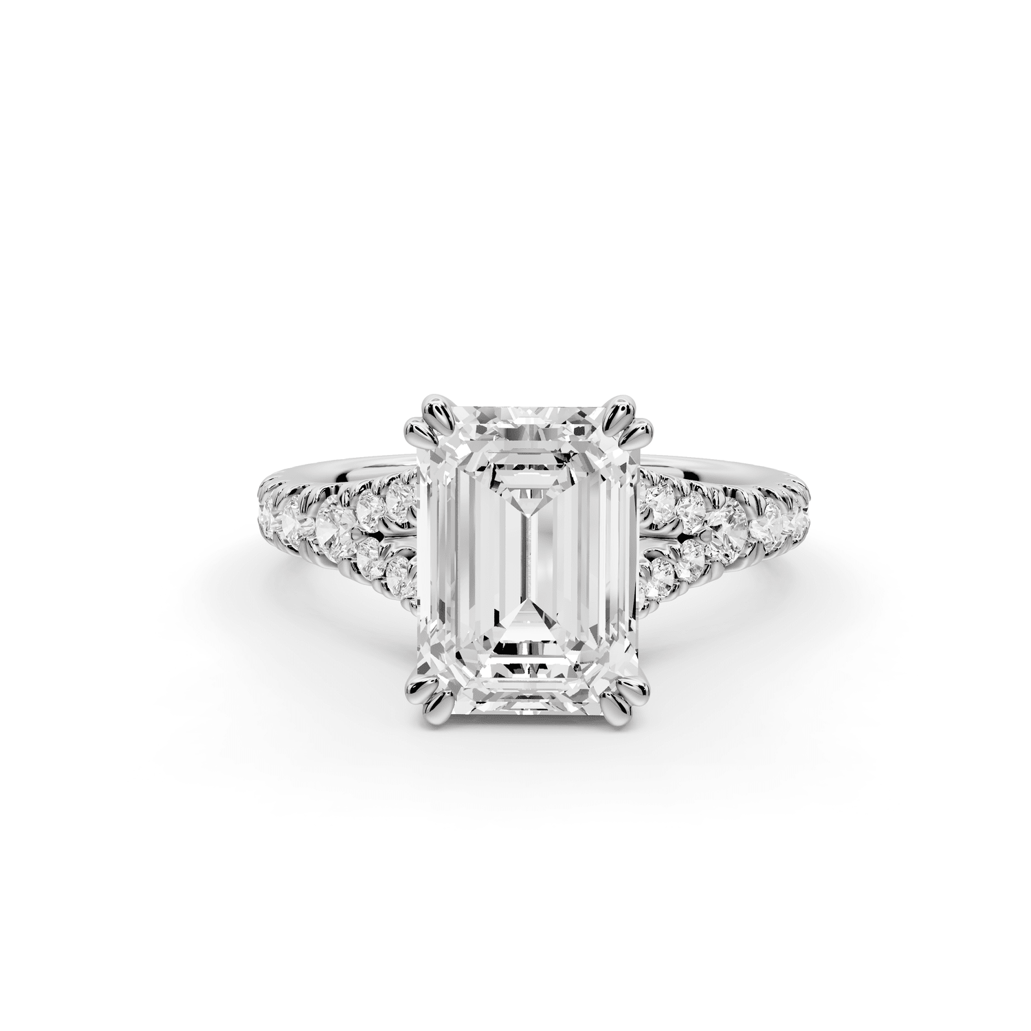 Rosalie - 3ct 18k white gold emerald Pavé Cathedral Hidden Halo with Diamond Bridge split shank Engagement Ring - Mr. Alex Jewelry