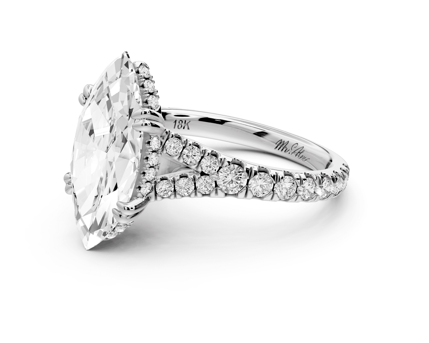 Rosalie - 3ct 18k white gold marquise Pavé Cathedral Hidden Halo with Diamond Bridge split shank Engagement Ring - Mr. Alex Jewelry