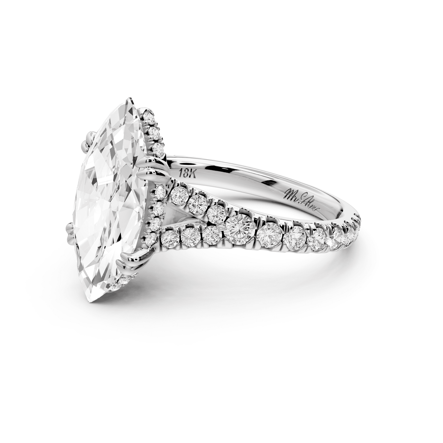Rosalie - 3ct 18k white gold marquise Pavé Cathedral Hidden Halo with Diamond Bridge split shank Engagement Ring - Mr. Alex Jewelry