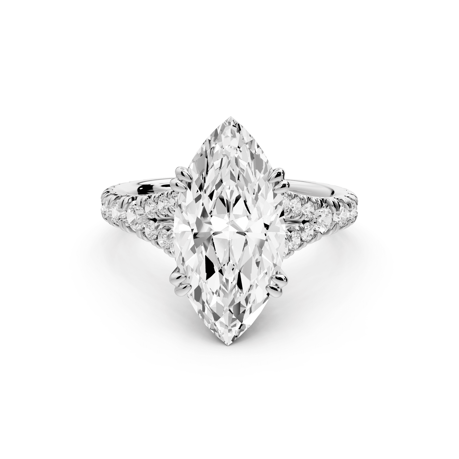 Rosalie - 3ct 18k white gold marquise Pavé Cathedral Hidden Halo with Diamond Bridge split shank Engagement Ring - Mr. Alex Jewelry