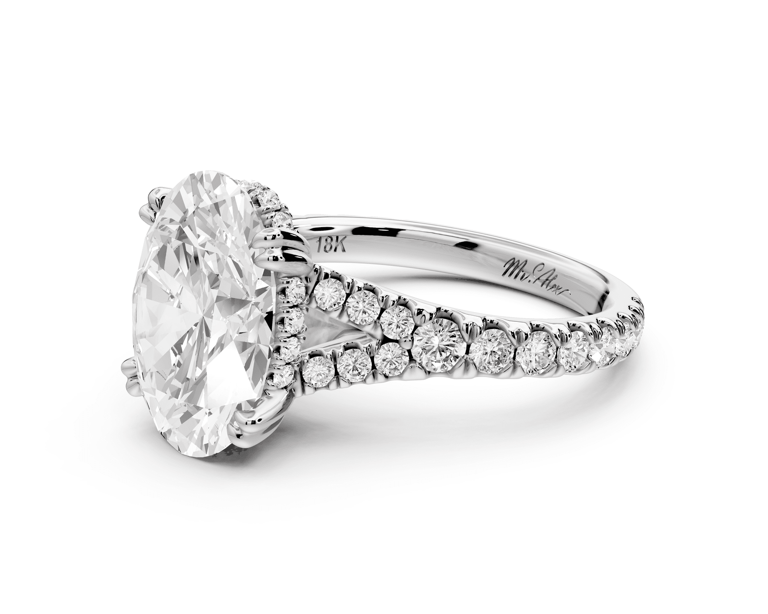 Rosalie - 3ct 18k white gold oval Pavé Cathedral Hidden Halo with Diamond Bridge split shank Engagement Ring - Mr. Alex Jewelry