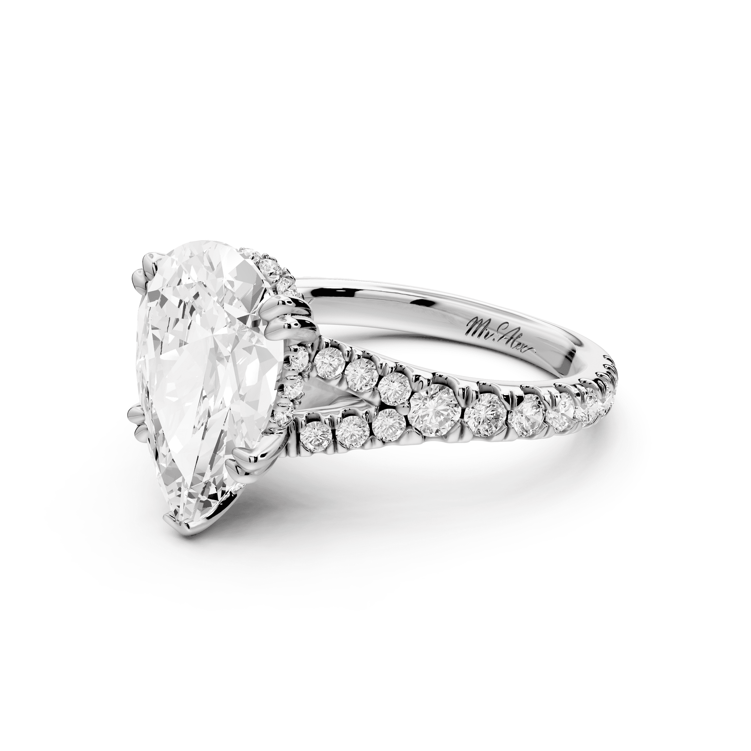 Rosalie - 3ct 18k white gold pear Pavé Cathedral Hidden Halo with Diamond Bridge split shank Engagement Ring - Mr. Alex Jewelry