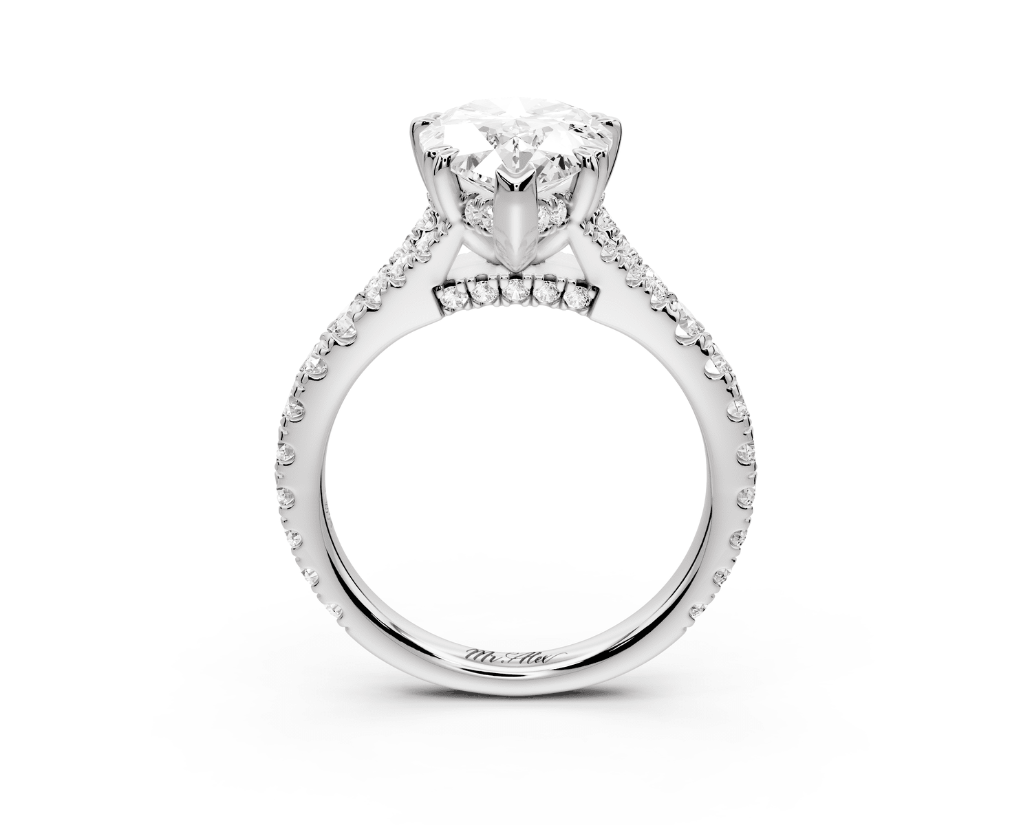 Rosalie - 3ct 18k white gold pear Pavé Cathedral Hidden Halo with Diamond Bridge split shank Engagement Ring - Mr. Alex Jewelry