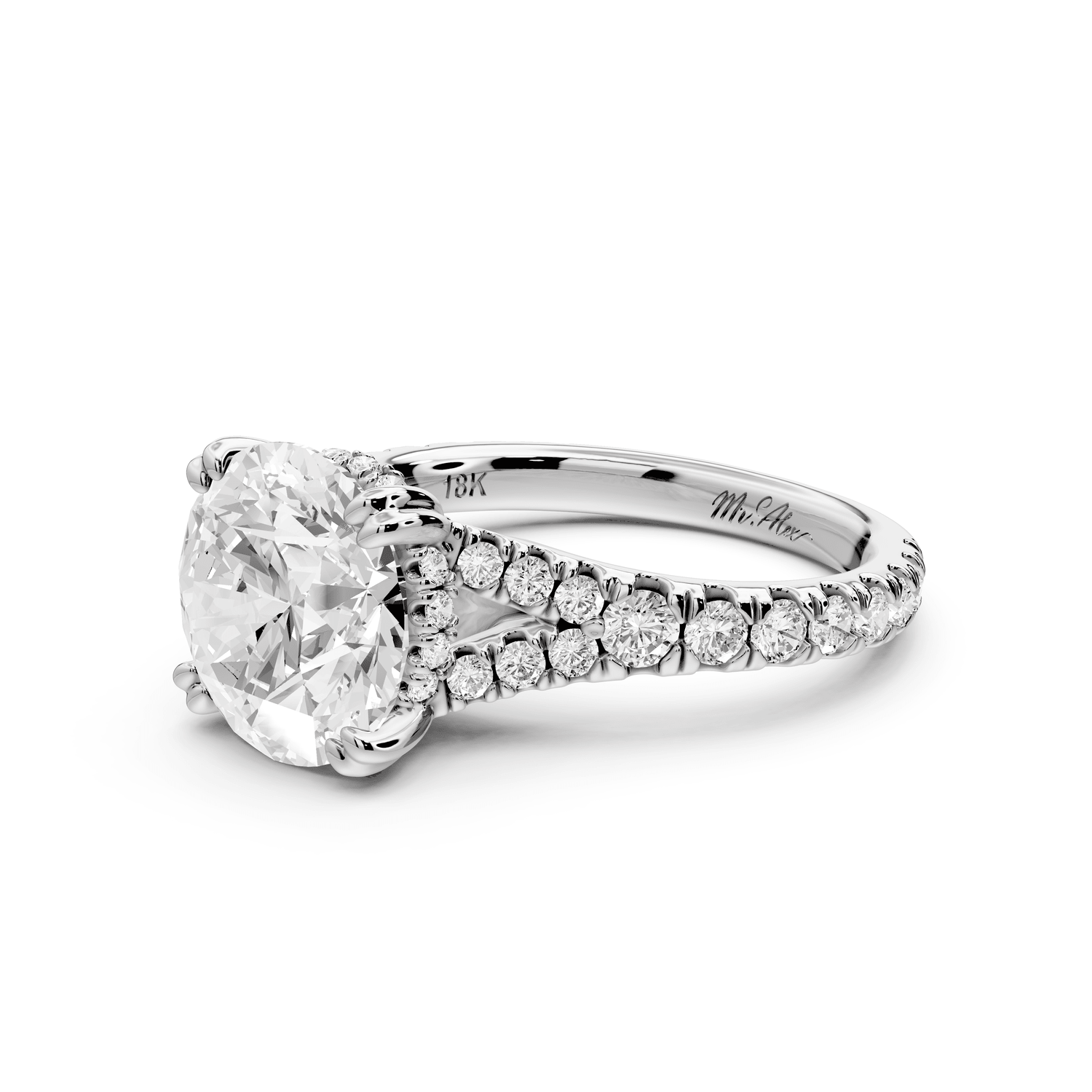 Rosalie - 3ct 18k white gold round Pavé Cathedral Hidden Halo with Diamond Bridge split shank Engagement Ring - Mr. Alex Jewelry