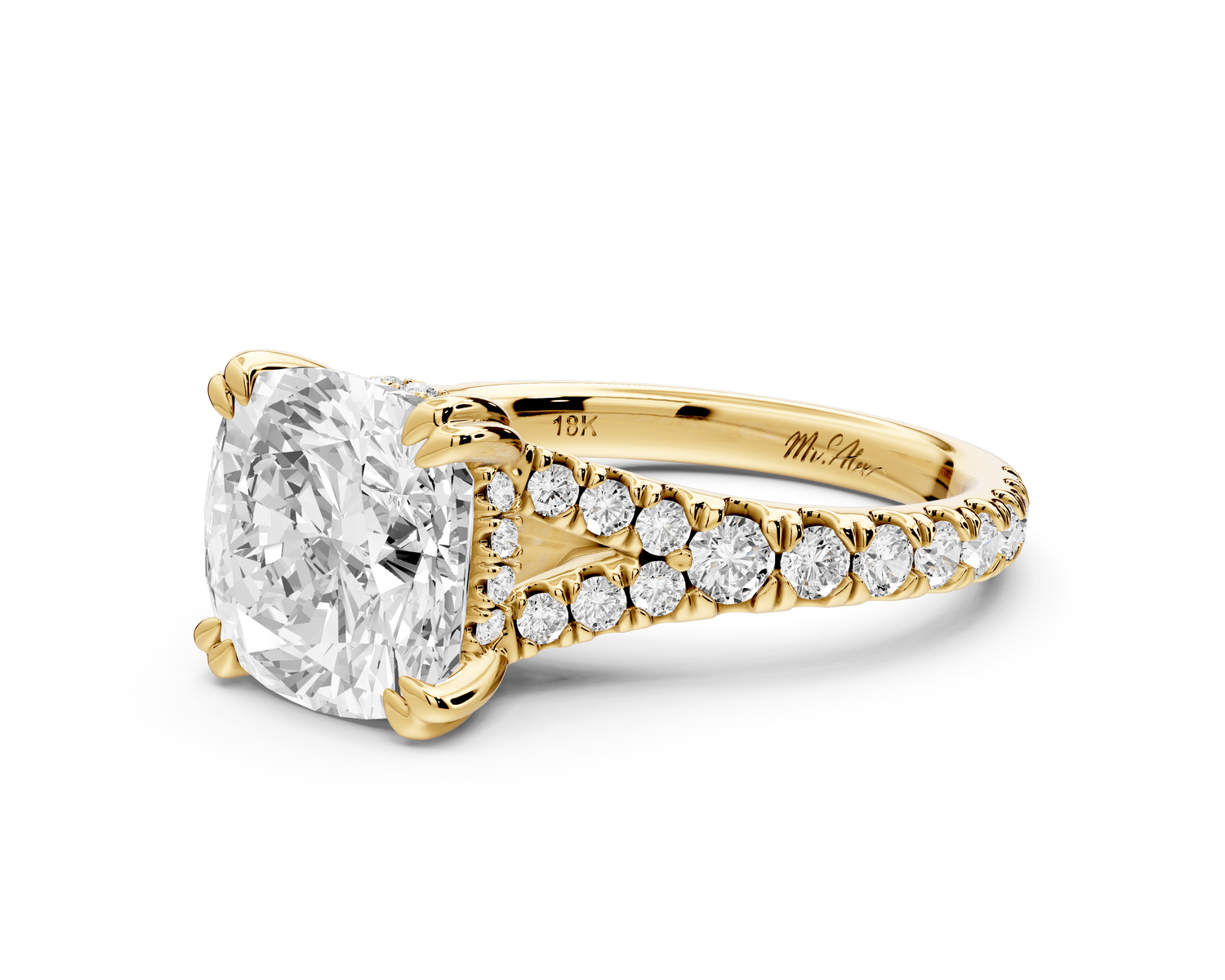 Rosalie - 3ct 18k yellow gold cushion Pavé Cathedral Hidden Halo with Diamond Bridge split shank Engagement Ring - Mr. Alex Jewelry