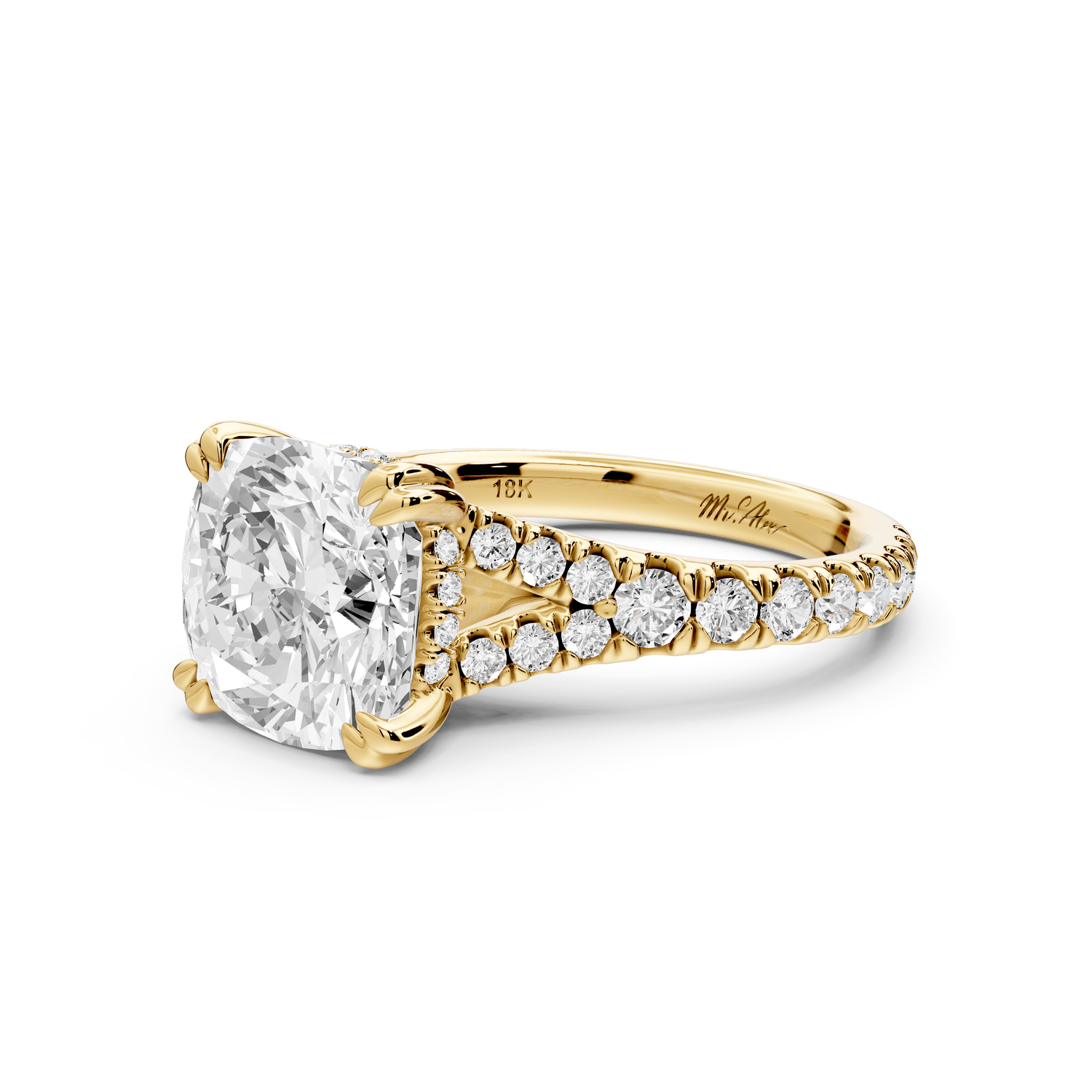 Rosalie - 3ct 18k yellow gold cushion Pavé Cathedral Hidden Halo with Diamond Bridge split shank Engagement Ring - Mr. Alex Jewelry
