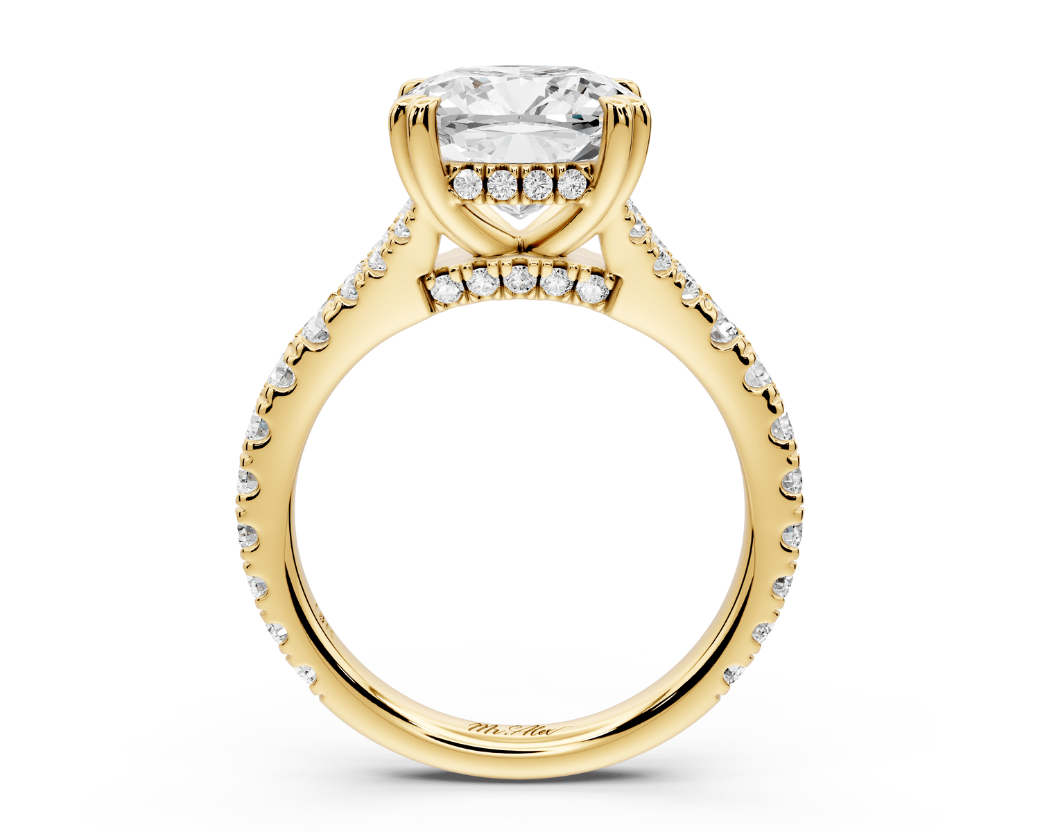 Rosalie - 3ct 18k yellow gold cushion Pavé Cathedral Hidden Halo with Diamond Bridge split shank Engagement Ring - Mr. Alex Jewelry