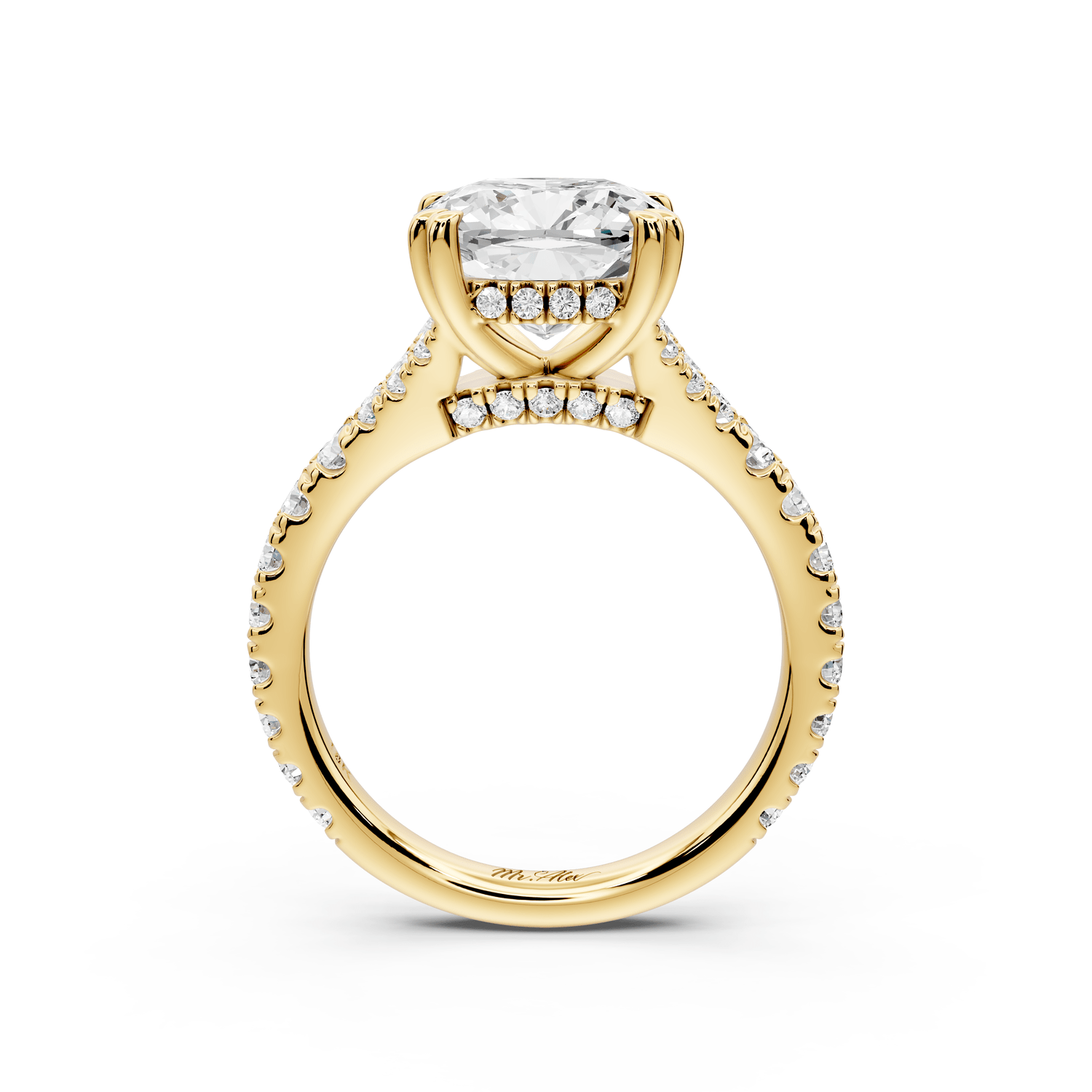 Rosalie - 3ct 18k yellow gold cushion Pavé Cathedral Hidden Halo with Diamond Bridge split shank Engagement Ring - Mr. Alex Jewelry