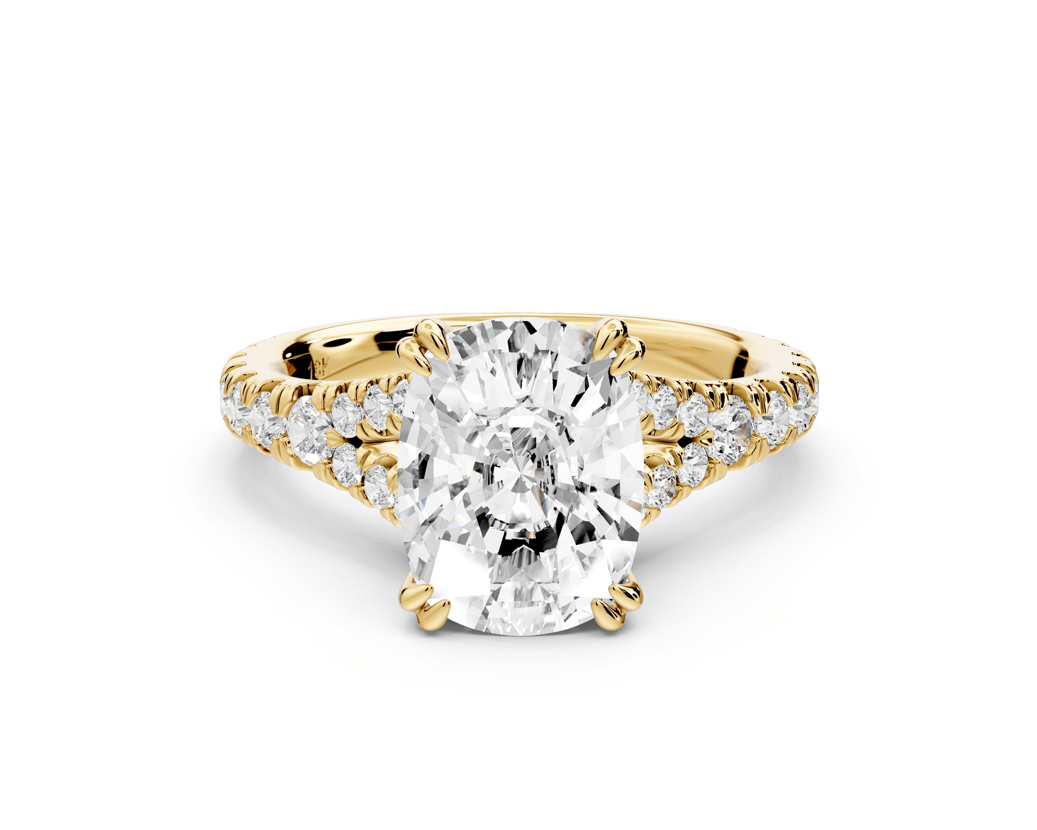 Rosalie - 3ct 18k yellow gold ecushion Pavé Cathedral Hidden Halo with Diamond Bridge split shank Engagement Ring - Mr. Alex Jewelry