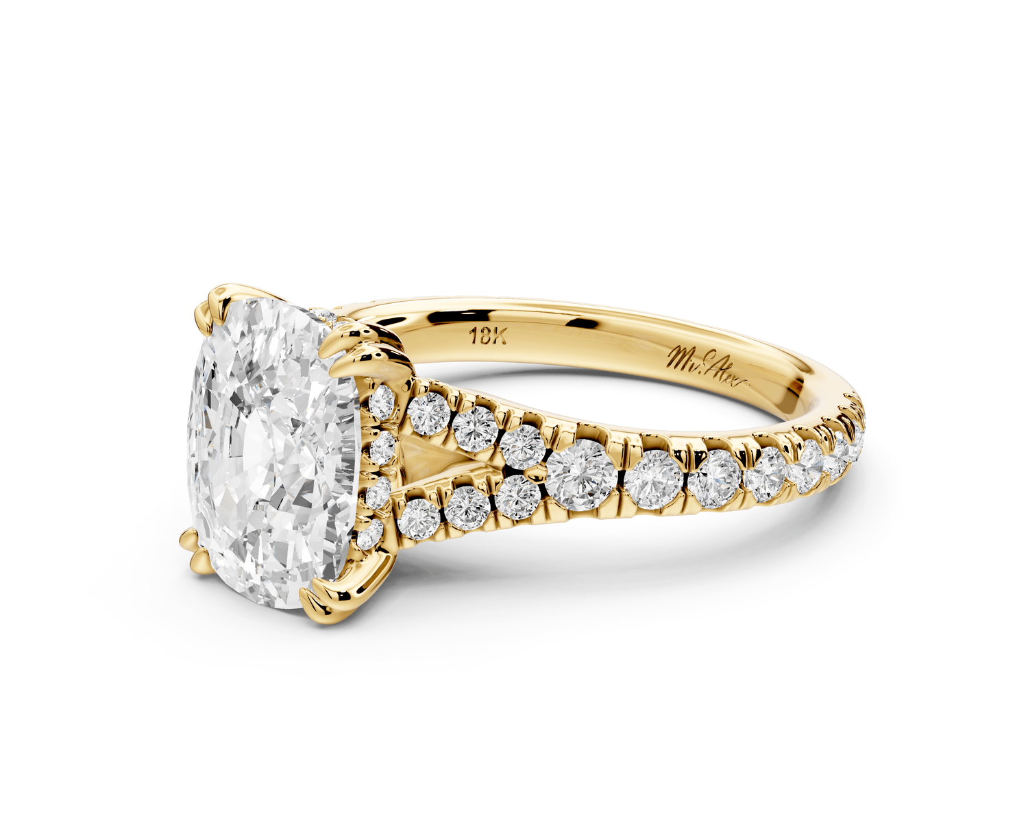 Rosalie - 3ct 18k yellow gold ecushion Pavé Cathedral Hidden Halo with Diamond Bridge split shank Engagement Ring - Mr. Alex Jewelry