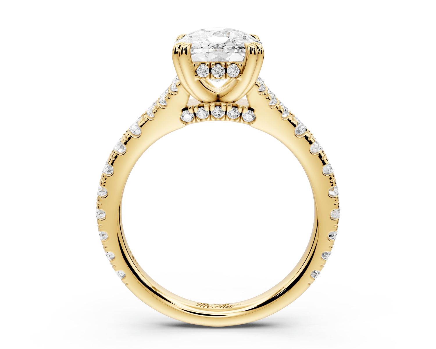 Rosalie - 3ct 18k yellow gold ecushion Pavé Cathedral Hidden Halo with Diamond Bridge split shank Engagement Ring - Mr. Alex Jewelry