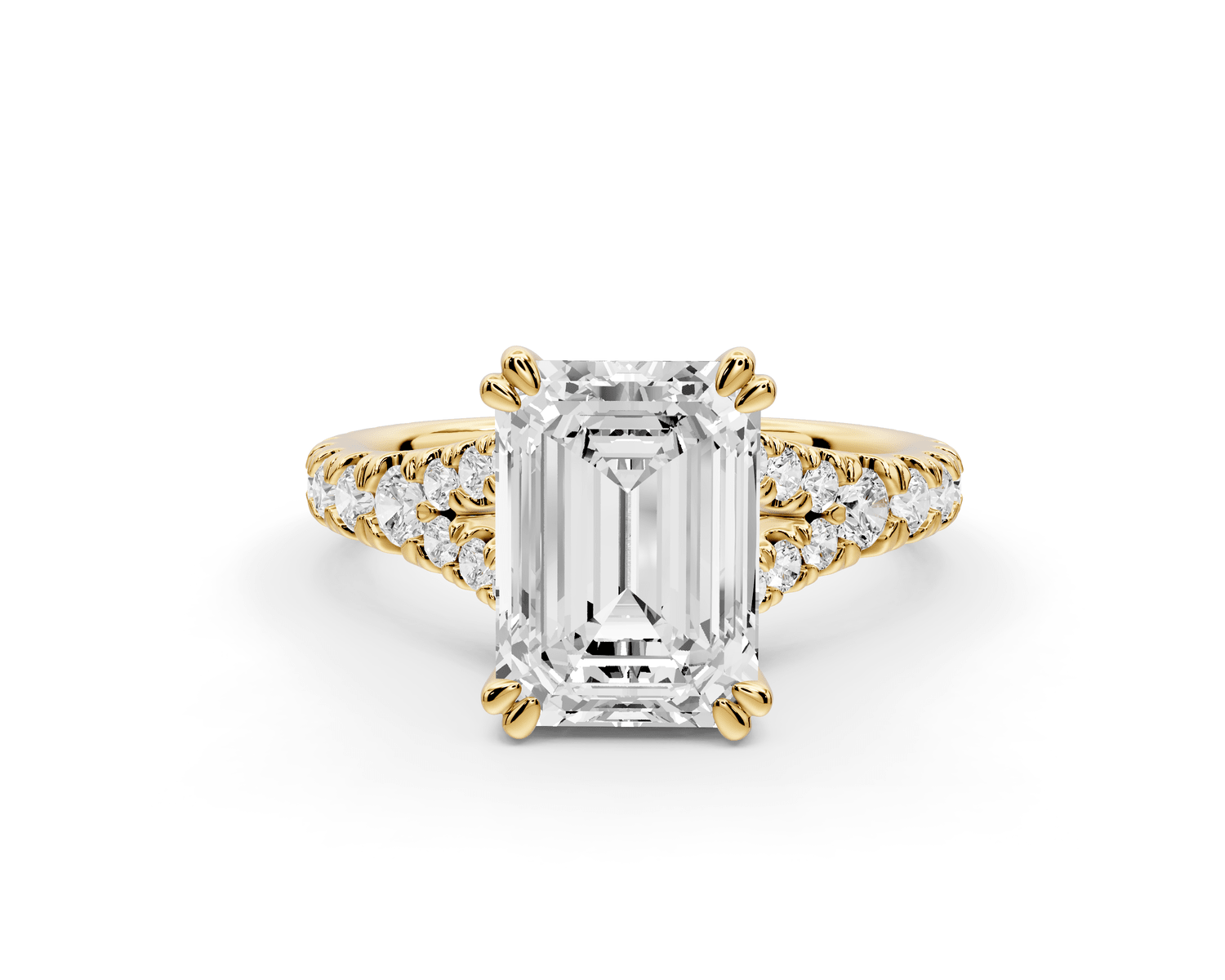 Rosalie - 3ct 18k yellow gold emerald Pavé Cathedral Hidden Halo with Diamond Bridge split shank Engagement Ring - Mr. Alex Jewelry