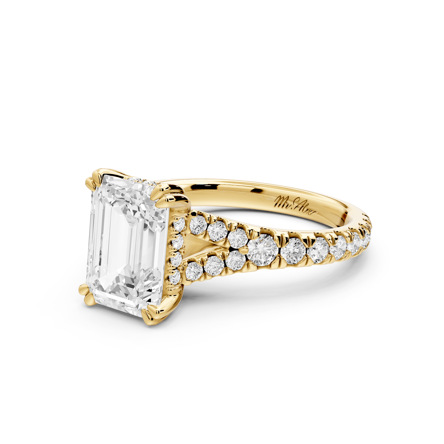 Rosalie - 3ct 18k yellow gold emerald Pavé Cathedral Hidden Halo with Diamond Bridge split shank Engagement Ring - Mr. Alex Jewelry