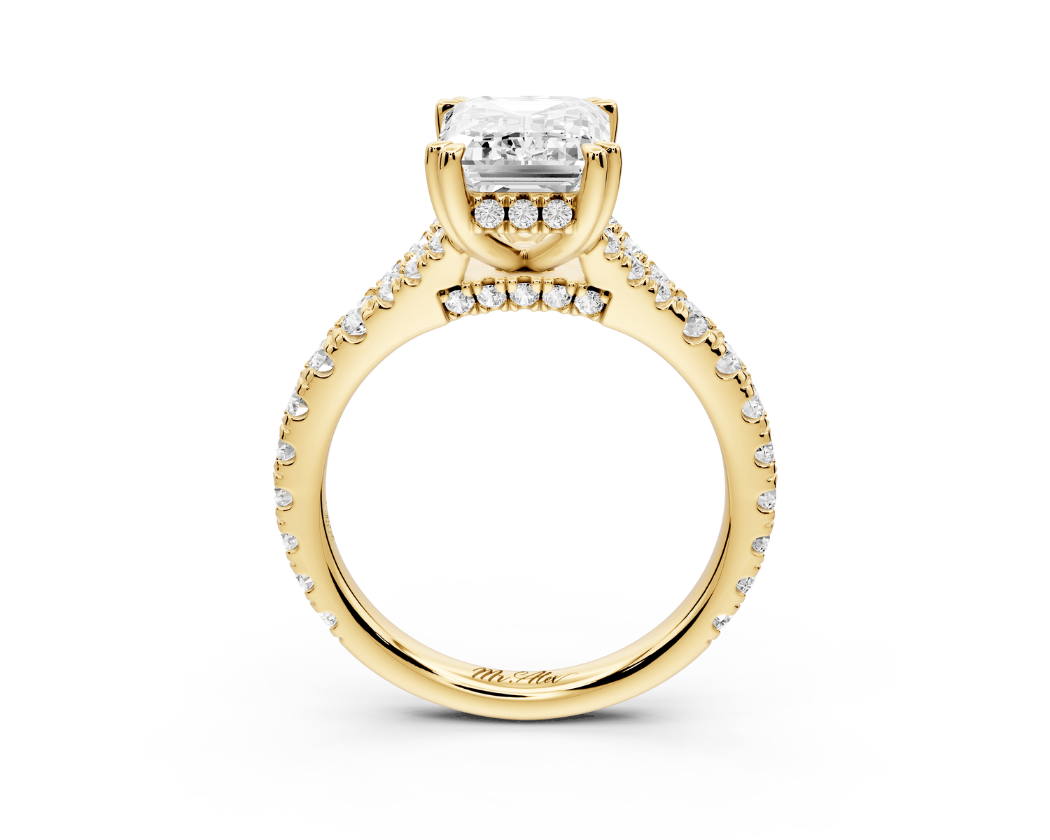 Rosalie - 3ct 18k yellow gold emerald Pavé Cathedral Hidden Halo with Diamond Bridge split shank Engagement Ring - Mr. Alex Jewelry