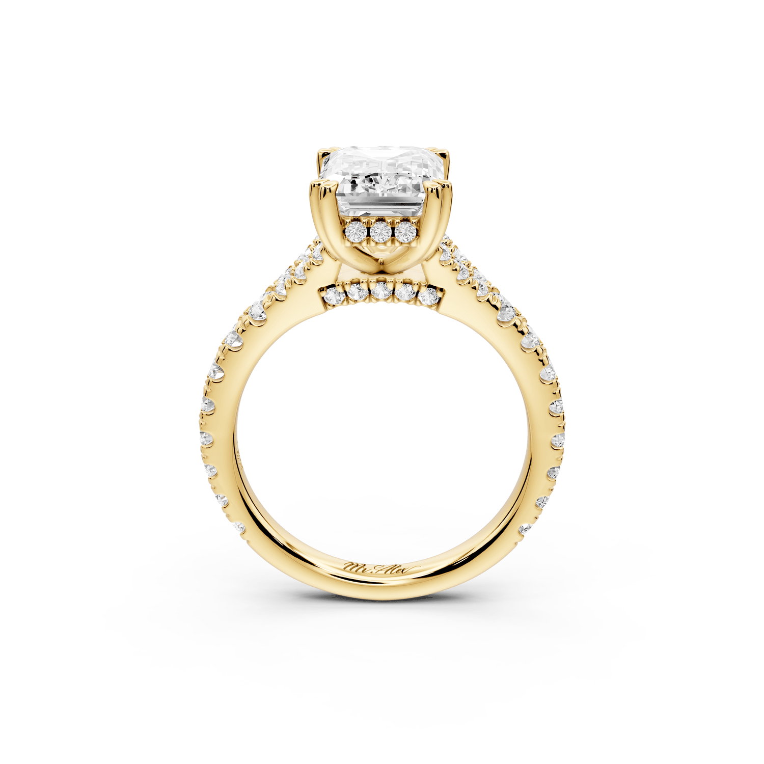 Rosalie - 3ct 18k yellow gold emerald Pavé Cathedral Hidden Halo with Diamond Bridge split shank Engagement Ring - Mr. Alex Jewelry