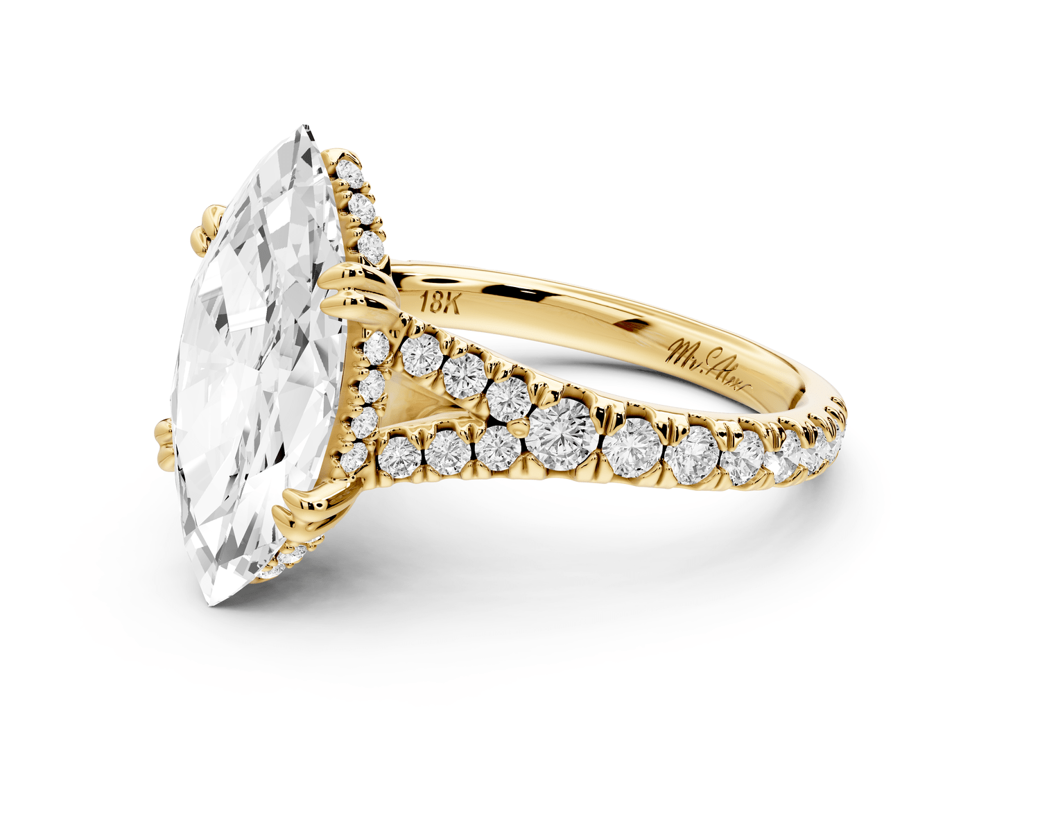 Rosalie - 3ct 18k yellow gold marquise Pavé Cathedral Hidden Halo with Diamond Bridge split shank Engagement Ring - Mr. Alex Jewelry