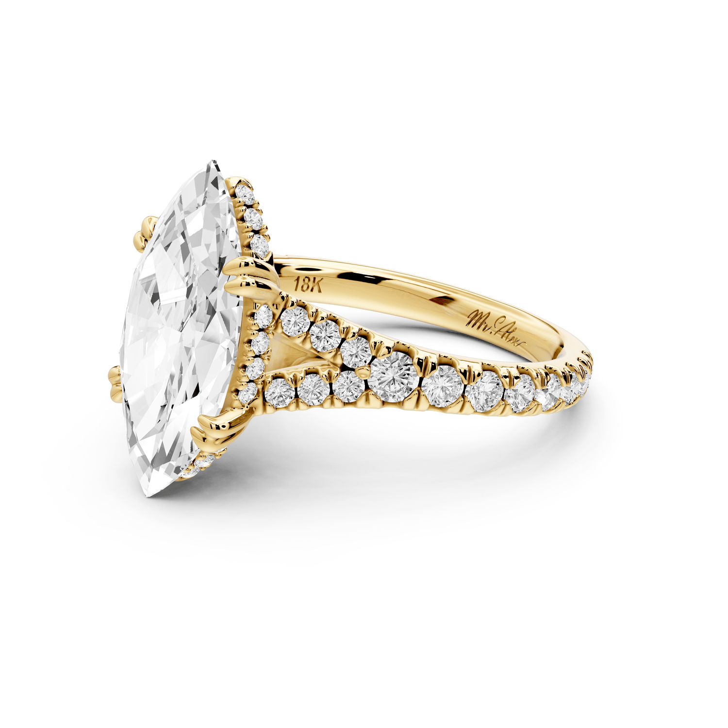 Rosalie - 3ct 18k yellow gold marquise Pavé Cathedral Hidden Halo with Diamond Bridge split shank Engagement Ring - Mr. Alex Jewelry