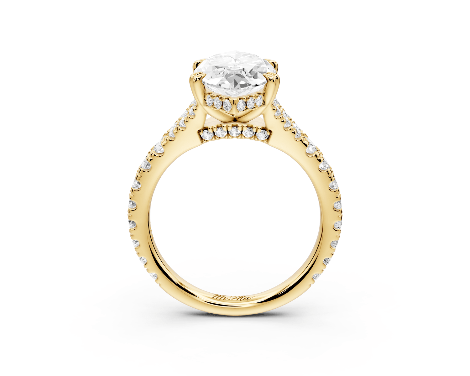 Rosalie - 3ct 18k yellow gold marquise Pavé Cathedral Hidden Halo with Diamond Bridge split shank Engagement Ring - Mr. Alex Jewelry