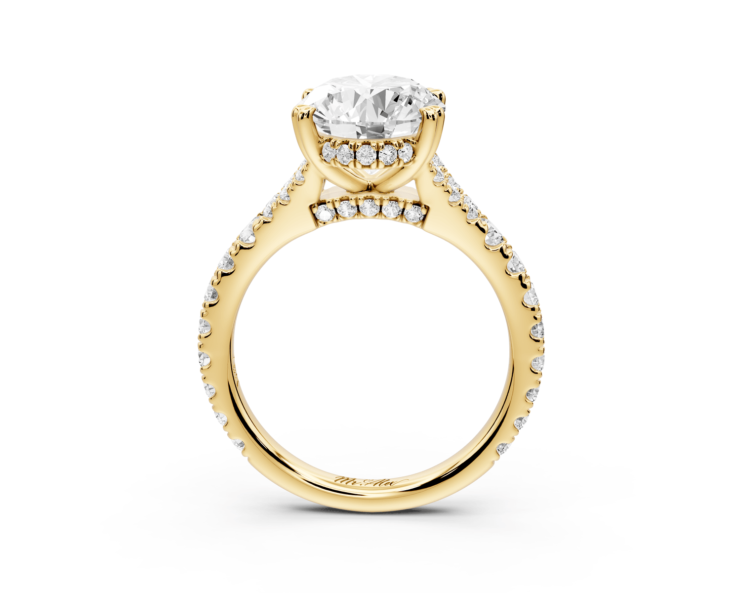 Rosalie - 3ct 18k yellow gold oval Pavé Cathedral Hidden Halo with Diamond Bridge split shank Engagement Ring - Mr. Alex Jewelry