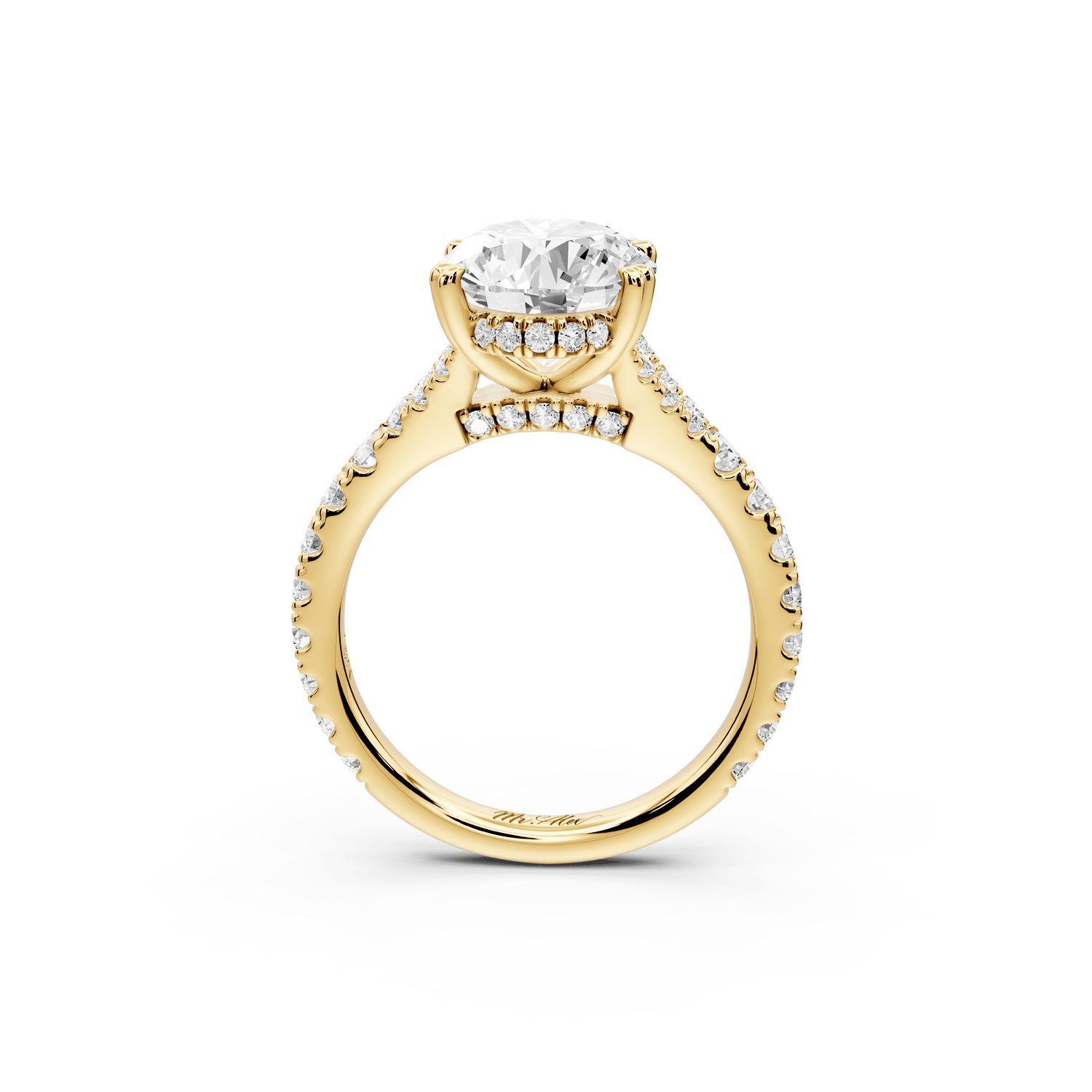 Rosalie - 3ct 18k yellow gold oval Pavé Cathedral Hidden Halo with Diamond Bridge split shank Engagement Ring - Mr. Alex Jewelry